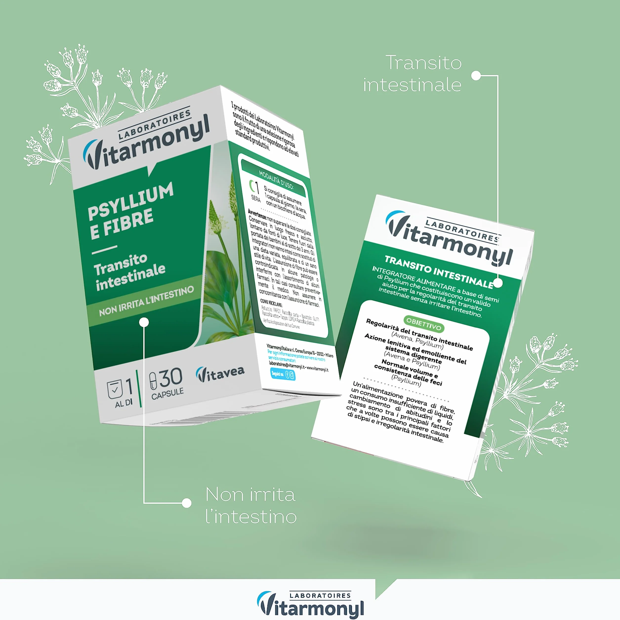 Psyllium e Fibre Integratore Transito Intestinale con Avena 30 Capsule Vitarmonyl