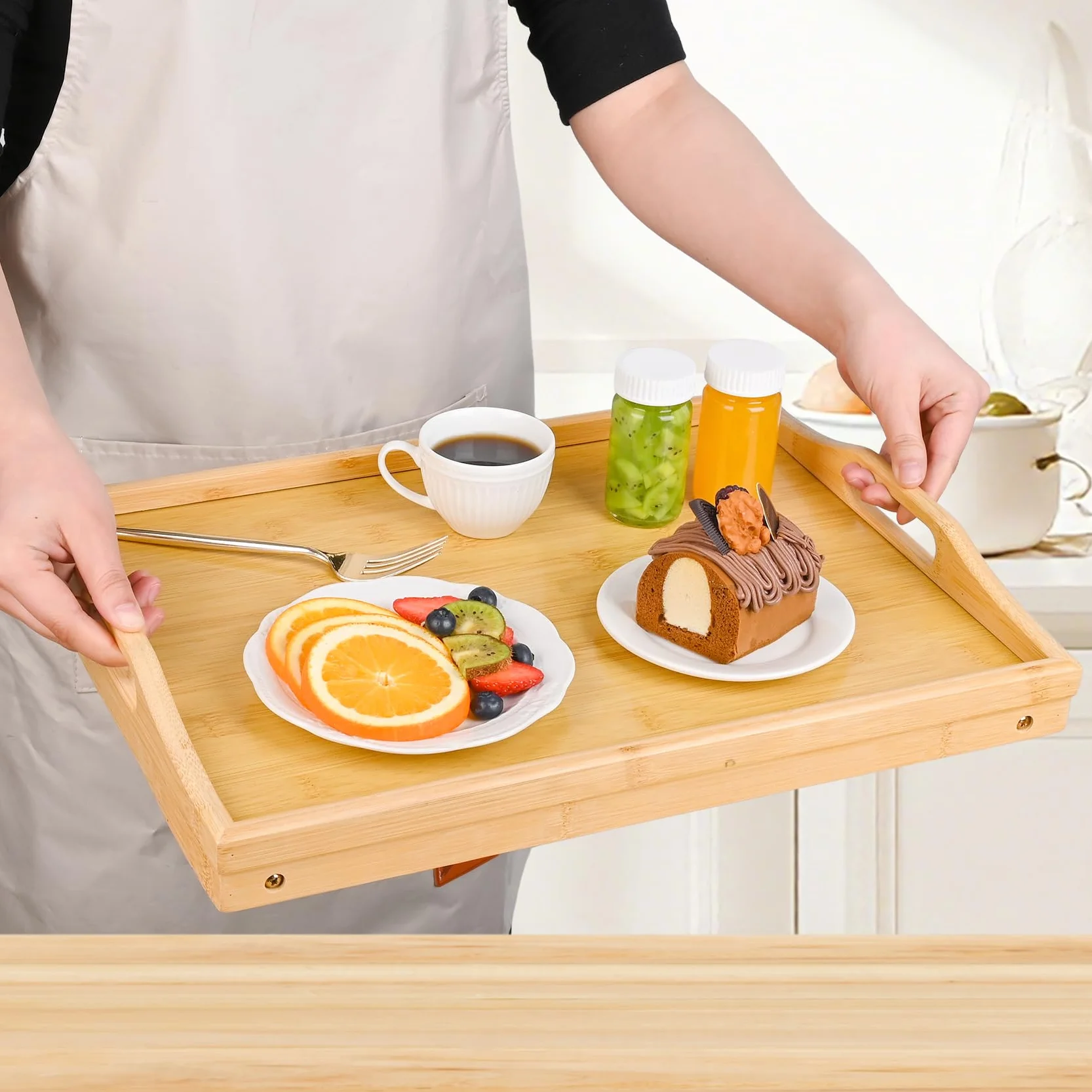 VASMIA Vassoio letto con gambe pieghevoli, per la prima colazione in bambù per mangiare, servire o usare come vassoio, scrivania portatile per laptop, vassoio per snack, Naturale