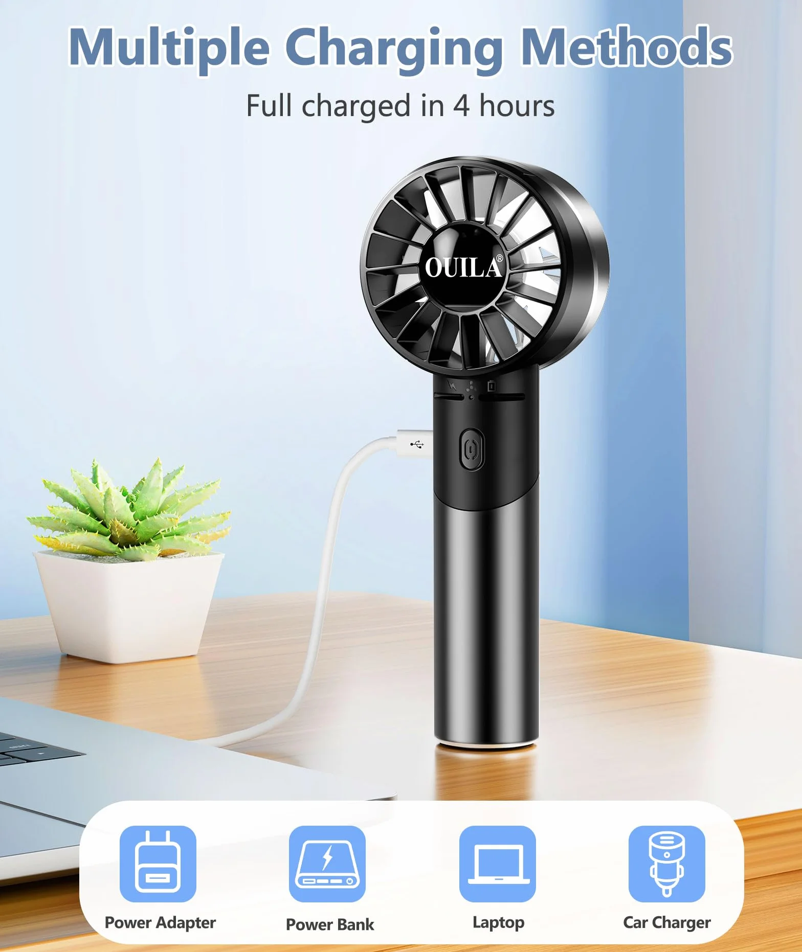 OUILA Mini Ventilatore Portatile, 2600mAh Ricaricabile a Batteria USB Ventilatore tascabile con 4 Livelli di Velocità per Ufficio, All'aperto, Metallo Nero