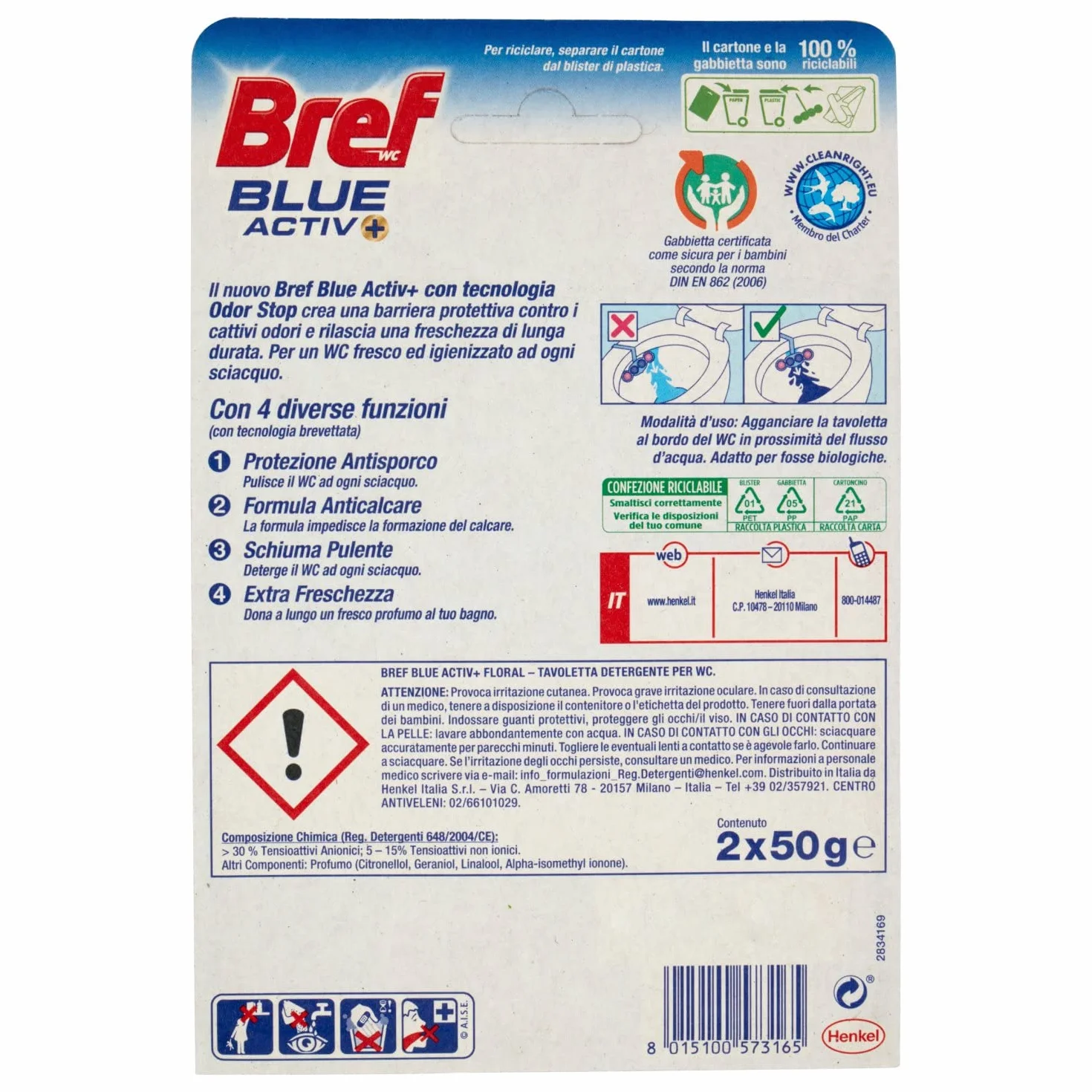 Bref WC Blue Activ+ Floral Detergente Profumatore in Pastiglie Igienizzante Bagno Duopacco 100 g
