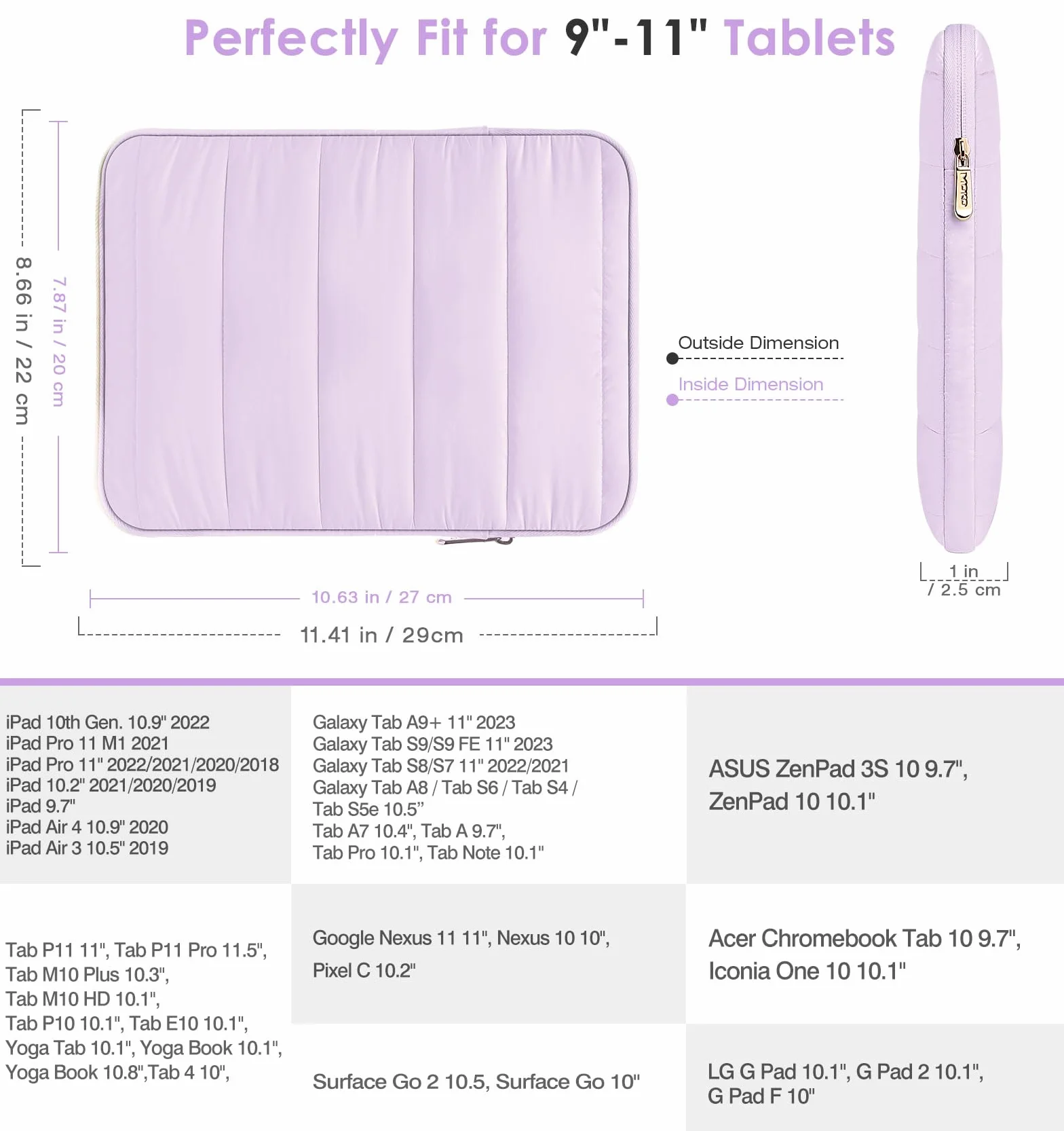 MoKo Custodia Protettiva per Tablet per 9-11 Pollice, Borsa Morbido per Laptop Universale Compatibile con iPad Air 5/4th 10.9, iPad PRO 11 inch, iPad 10th 10.9, Buona Protezione, Viola Chiar