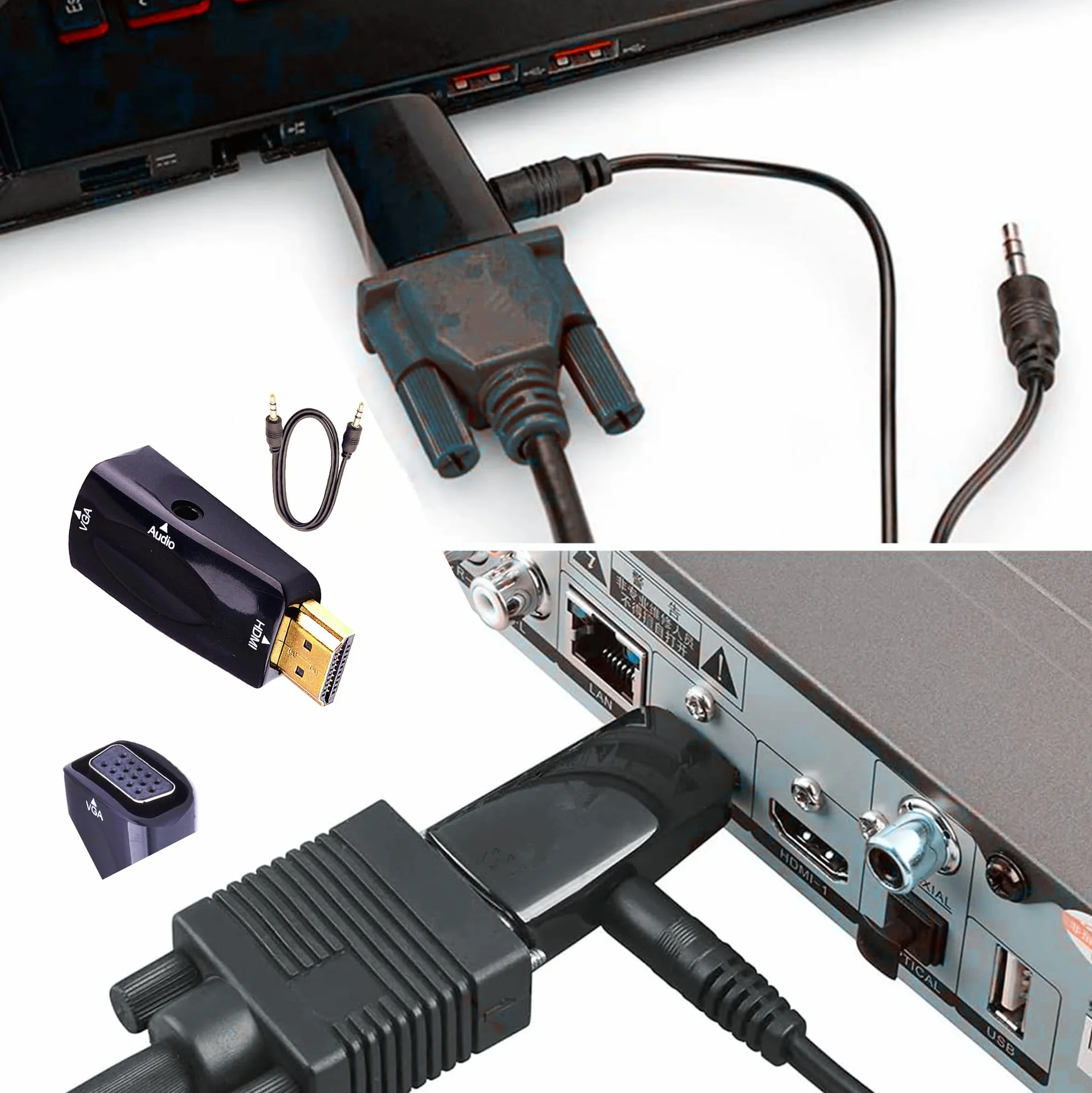 Convertitore HDMI a VGA con jack audio 3,5 mm, 50 cm VGA femmina a HDMI maschio, connettore placcato oro per HDTV, PC, monitor e laptop