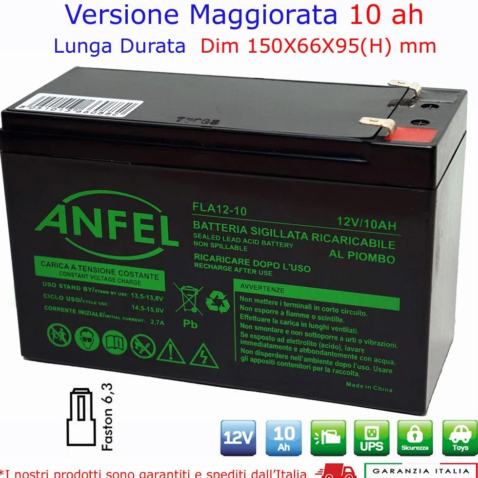 12V 9Ah 10Ah Lead Acid Batteria, 9 A 10 A, Tipo Ermetica al Piombo con Attacco Faston 6.3 mm, per UPS e Altro Uso, Nero