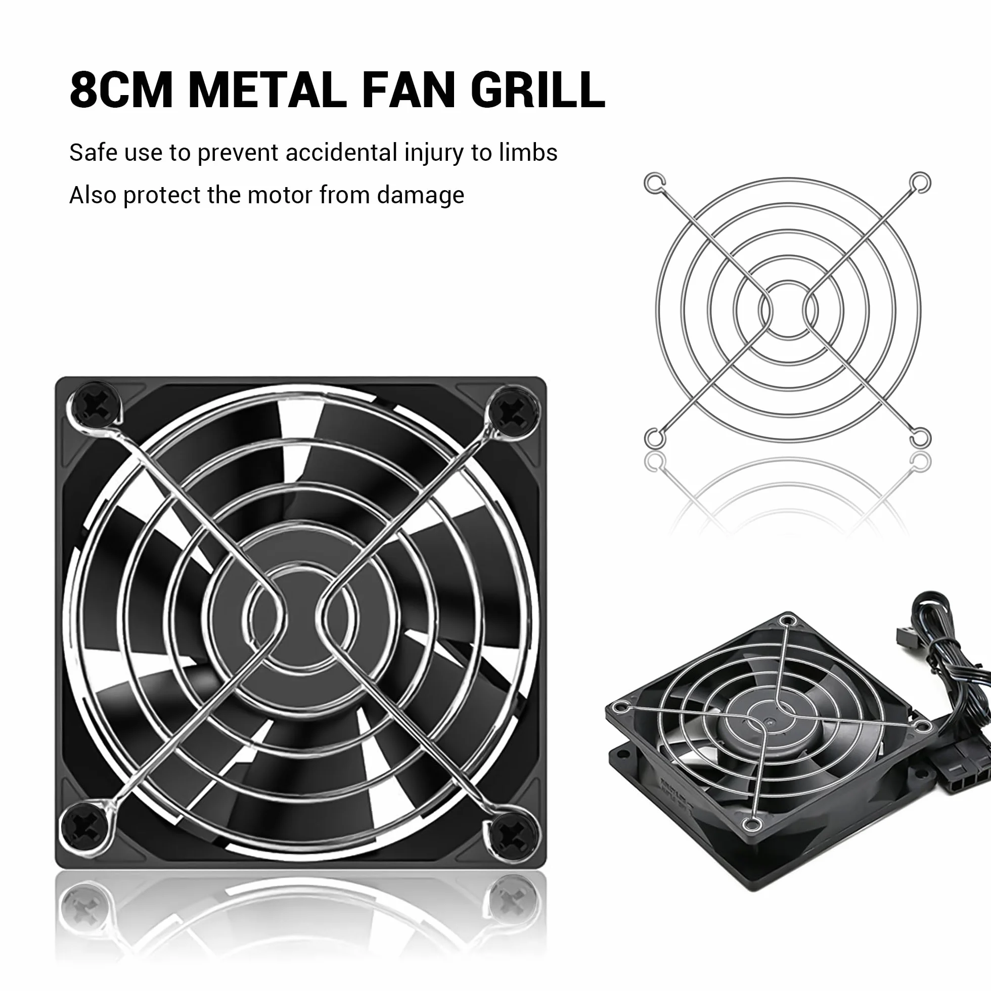 Griglia protettiva per ventola da 80 mm per PC, confezione da 4 custodie per CPU in metallo con vite per ventola da 80 x 80 mm, copertura protettiva fai da te, ventole per computer PC, ventole di
