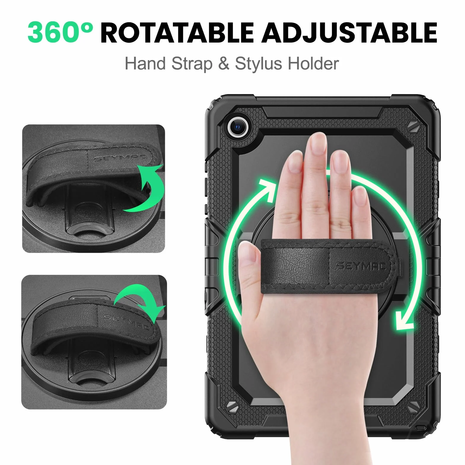 Seymac Custodia Samsung Galaxy Tab A11+ Plus 11" 2025 SM-X230/X235/X236 Antishock Protezione Schermo Supporto Girevole 360° Cinghia Mano Spalla Portastilo Nero