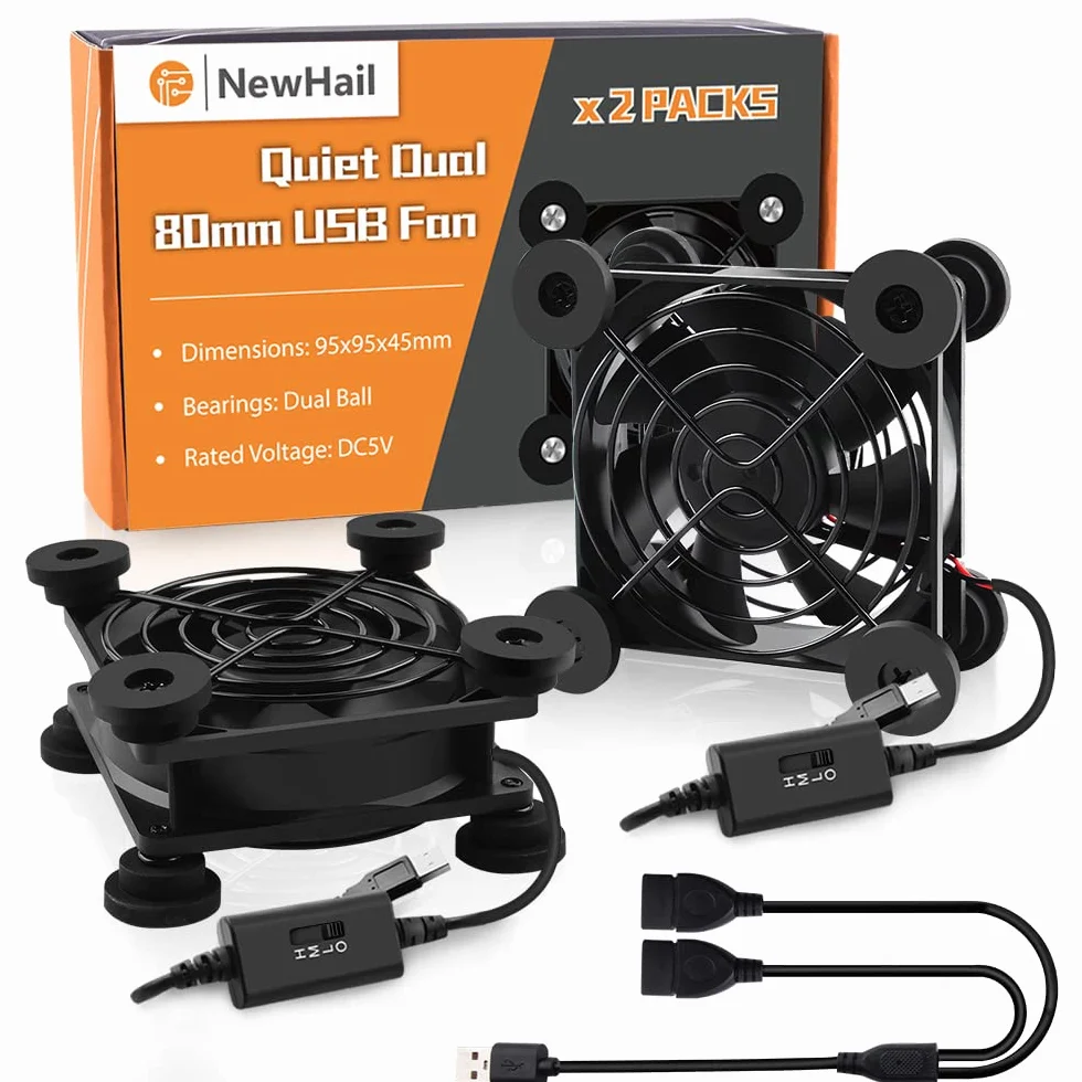 2 mini ventilatore USB da 80 mm, controllo multi-velocità, riduzione del calore per router, console di gioco, TV Box, destinatario, modem, DVR, PlayStation, cabina AV