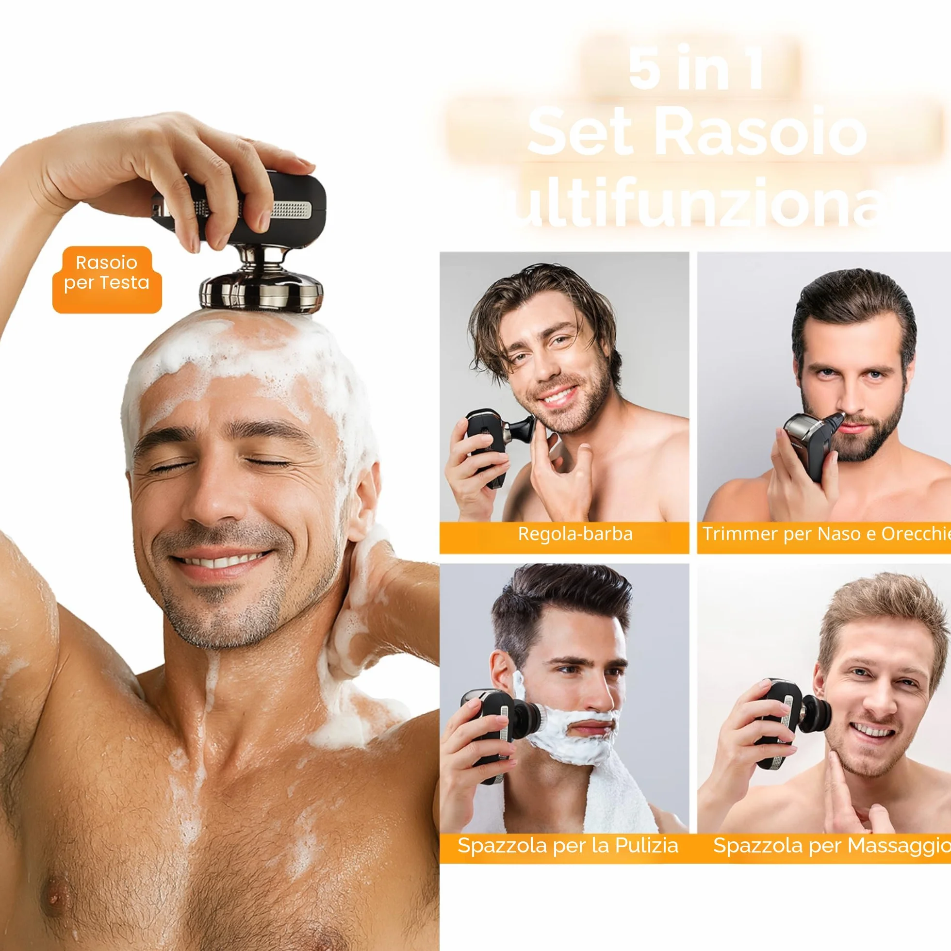 BarberBoss Rasoio testa calva 7D uomo, rasoio rotante magnetico 5 in 1 con display LED, ricarica USB-C