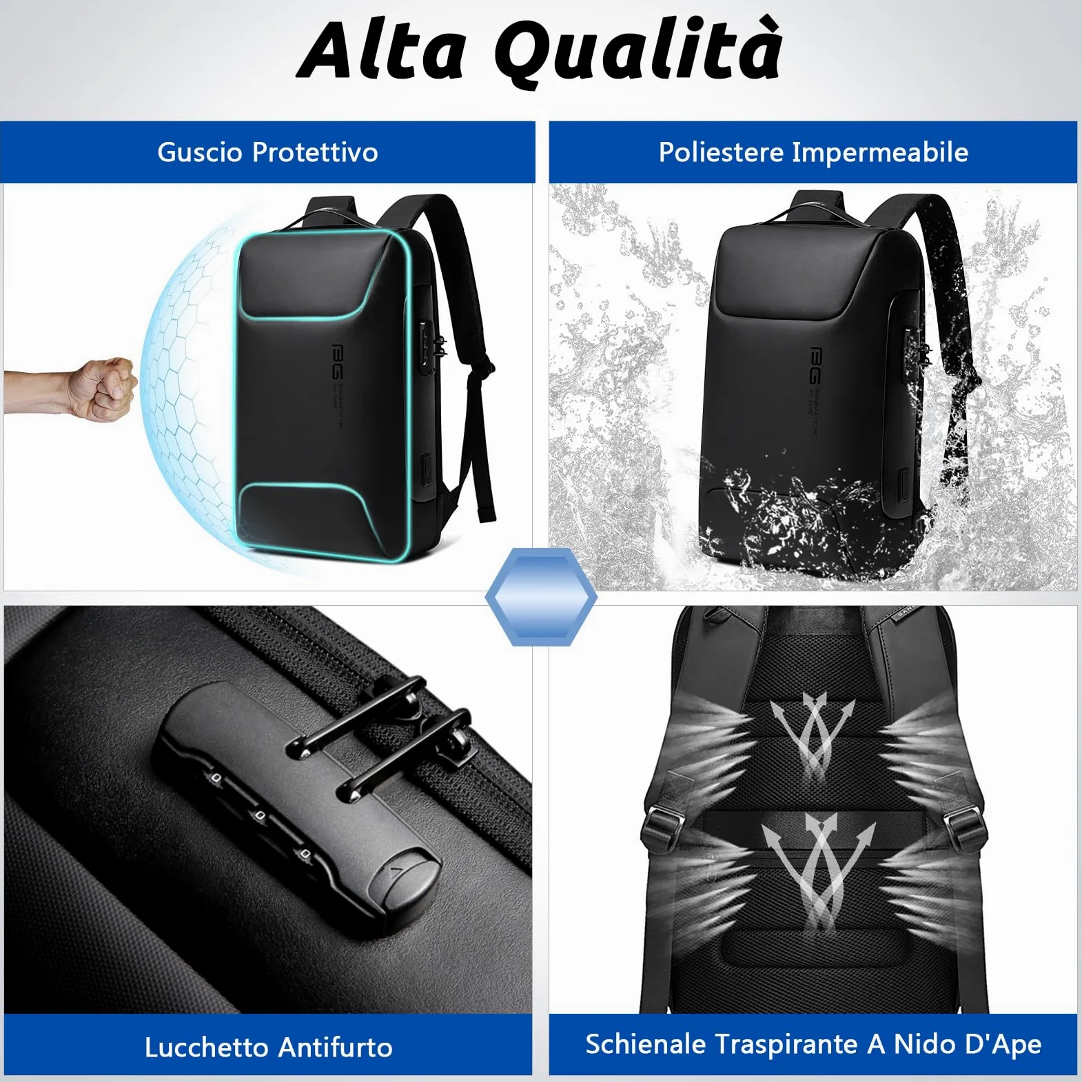 VARLIVOO Moda Uomo Zaino USB Port Parola d'ordine Serratura Antifurto Zainetto 15,6" Laptop Uomo Borse Lavoro Viaggio Scuola Impermeabile Polyester Nero