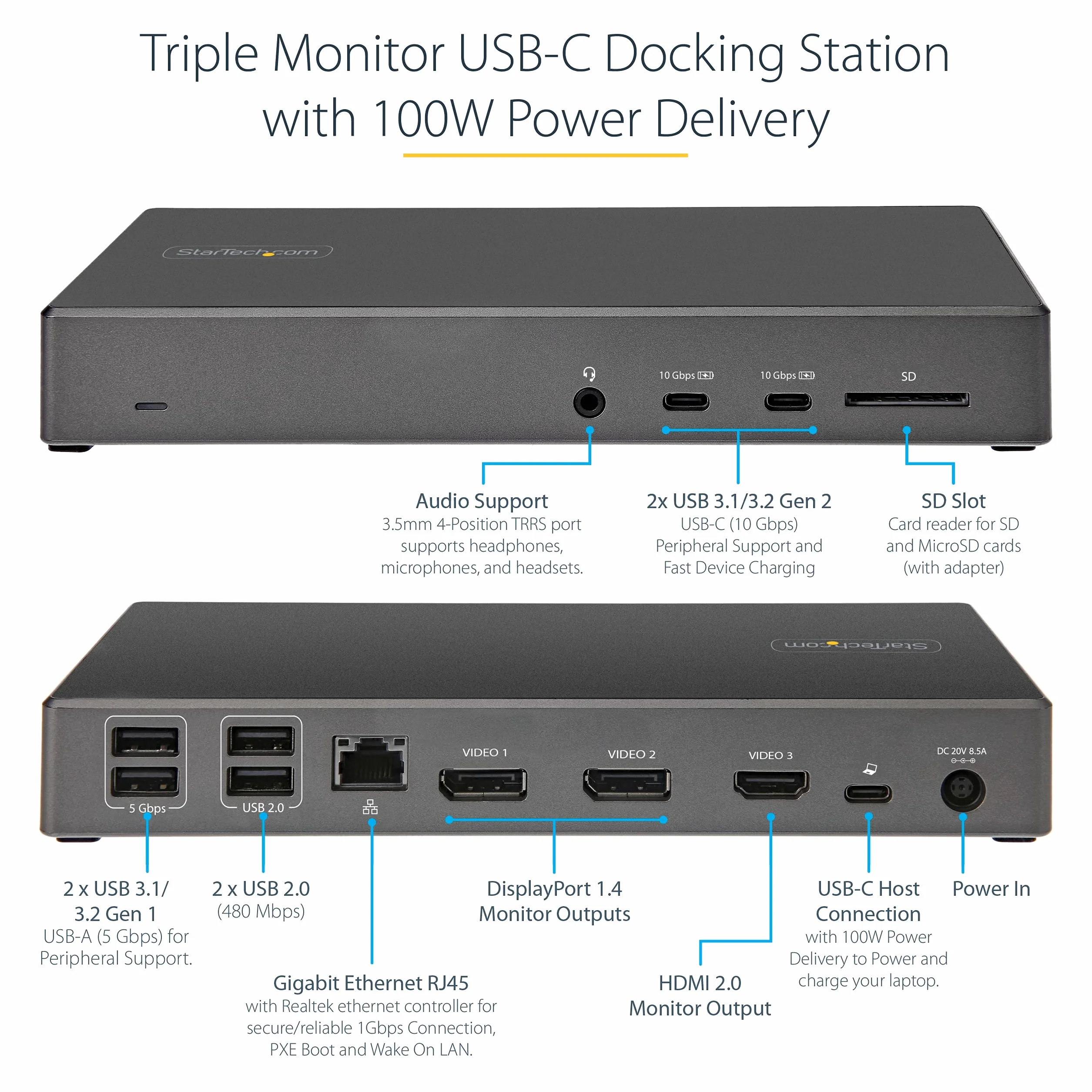 StarTech.com Dock USB type C, Docking station USB C con triplo monitor 4K, 100W Power Delivery, DP 1.4 Alt Mode & DSC, 2x DisplayPort 1.4/HDMI 2.0, 6xUSB (2x 10Gbps), Windows/Chrome (DK31C2DHSPDUE)