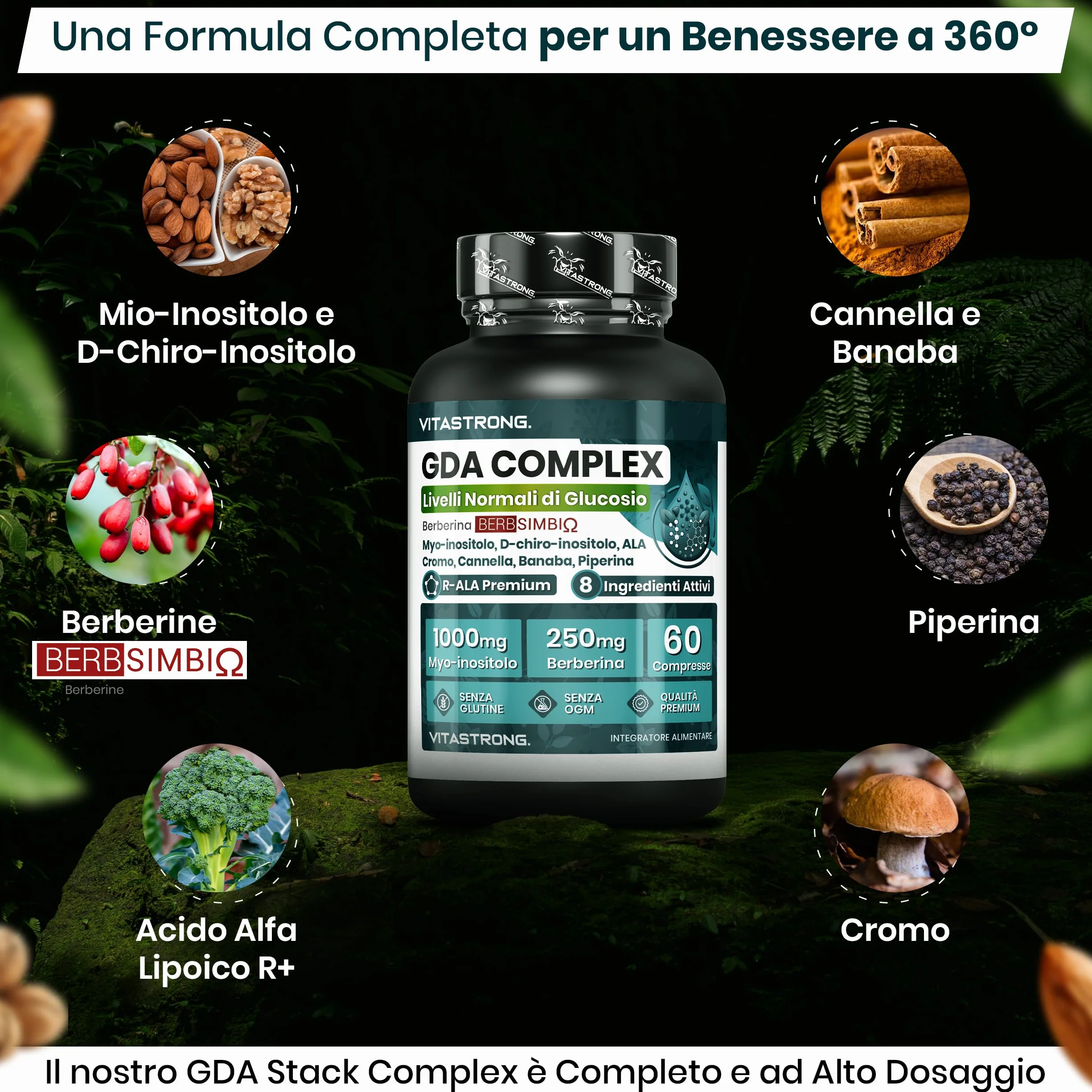 Vitastrong GDA Complex 100% Vegan Berberina 250mg Myo-Inositolo 1000mg Acido Alfa Lipoico Cromo