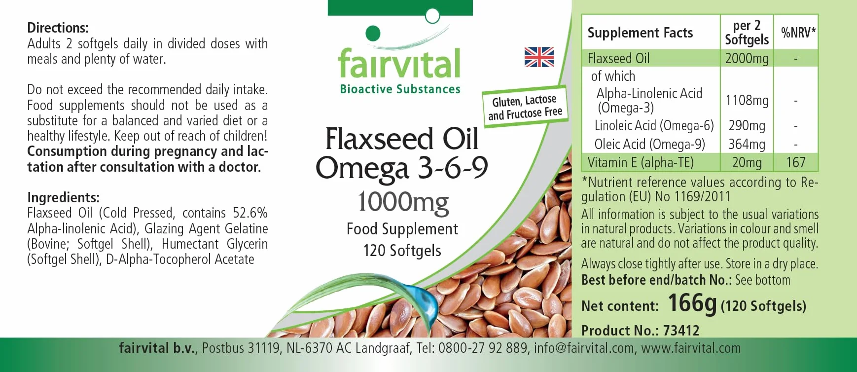 Fairvital Omega-3-6-9 Capsule, 2000 mg di Olio di Semi di Lino, 120 Softgel