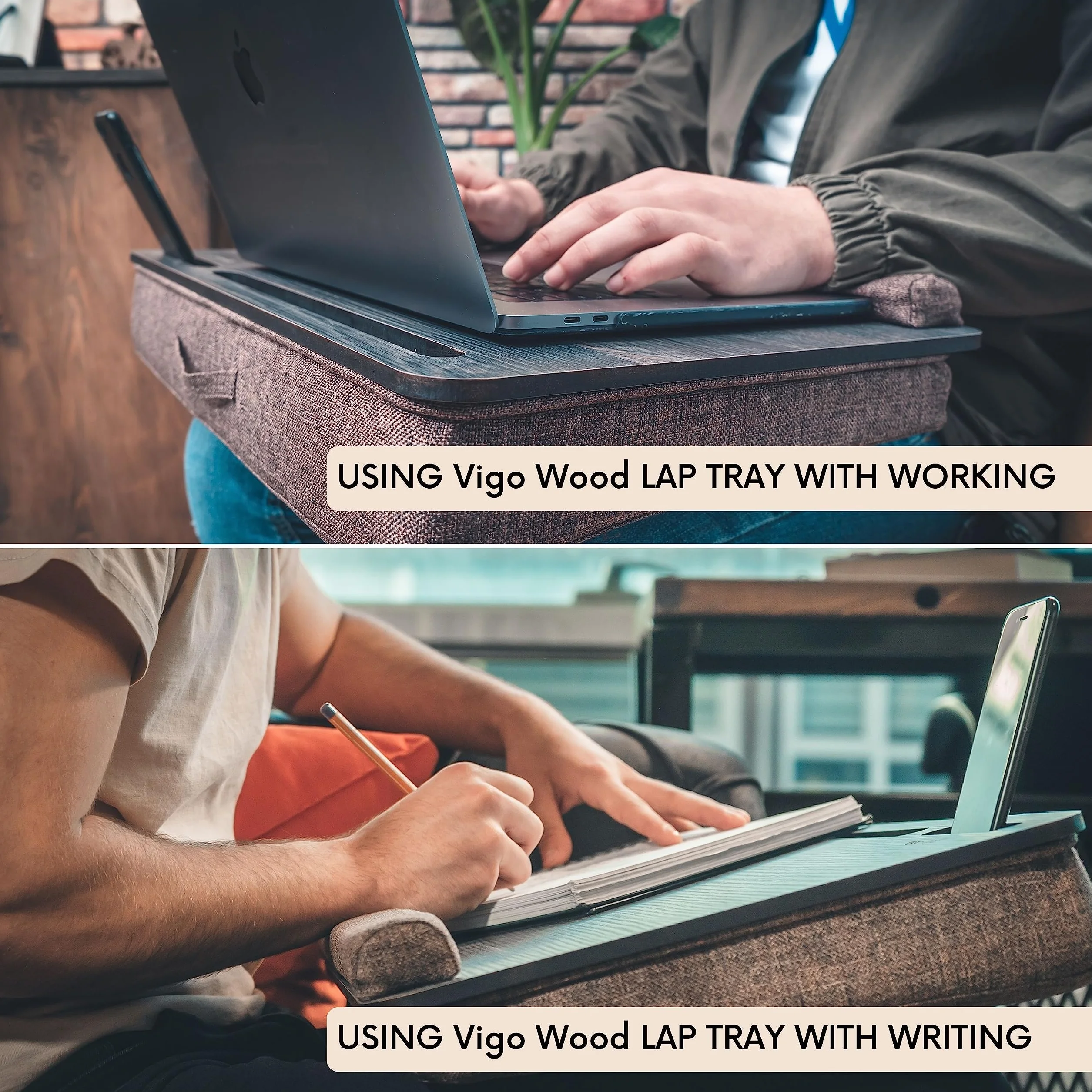 Vassoio in Legno per Laptop Vigo Wood, Scrivania per Laptop, Supporto per Laptop da Letto con Cuscino, Tavolino Portatile per Ufficio a Casa Adatto fino a 17.3'' Tablet con Supporto per Telefono