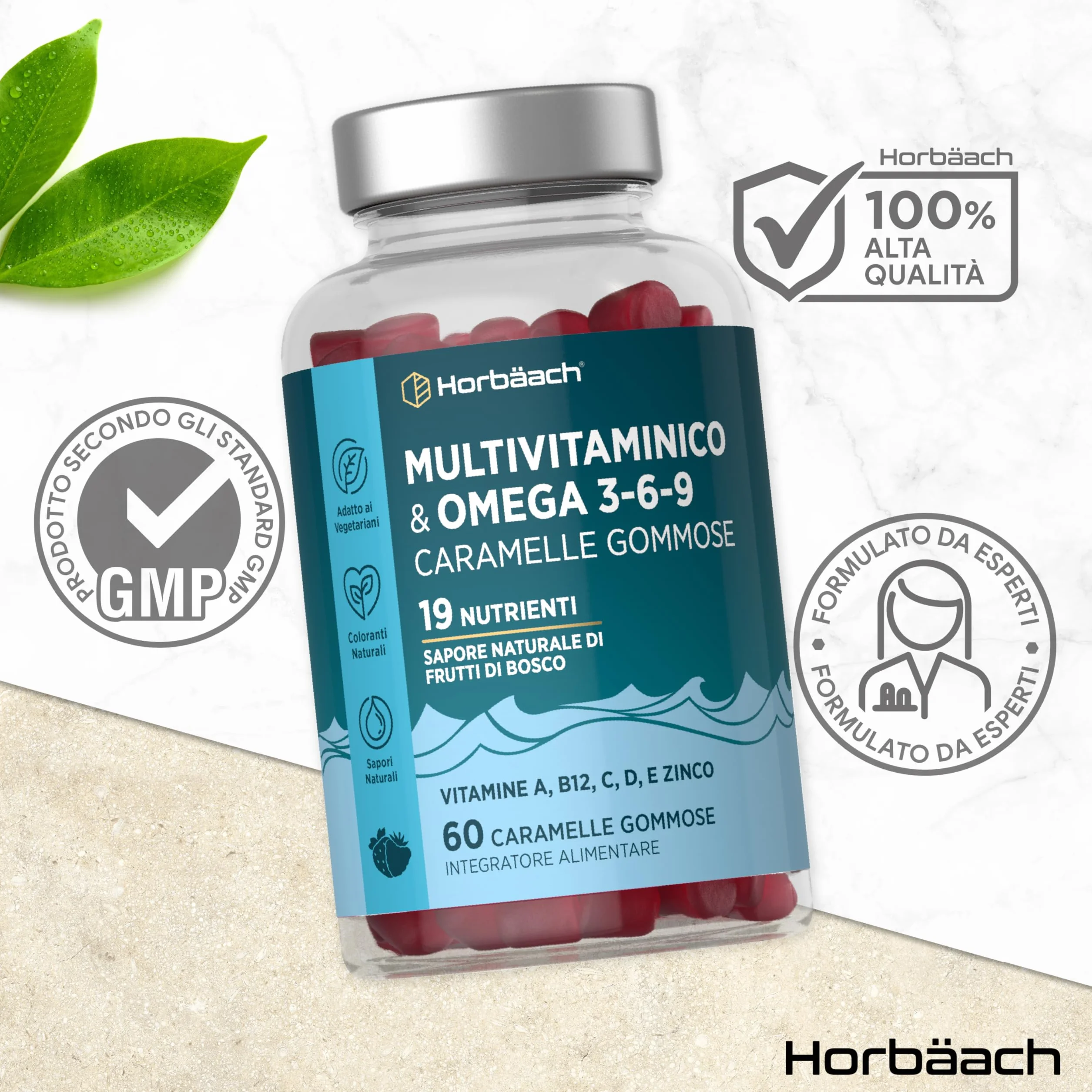 Horbaach Multivitaminico Gommose Omega 3 6 9 60 Caramelle con Vitamina C A B D Biotina Zinco