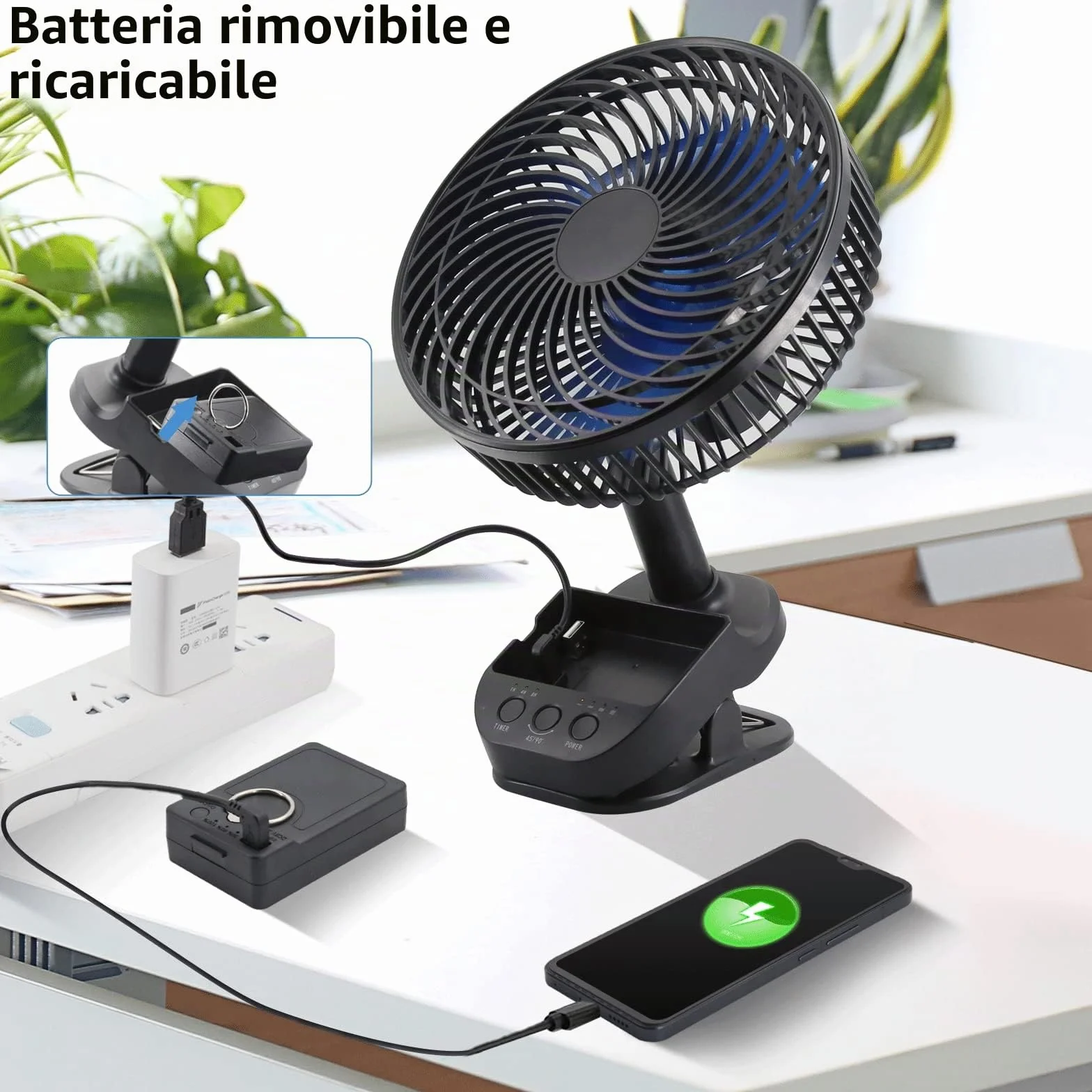 ATEngeus Ventilatore USB 4 in1, Ventilatore con clip da 8 inch, Ventilatore batteria da 10000 mAh, 5 velocità, Rotazione multi-angolo, Funzione Cronometraggio, con clip e gancio, per casa, ufficio