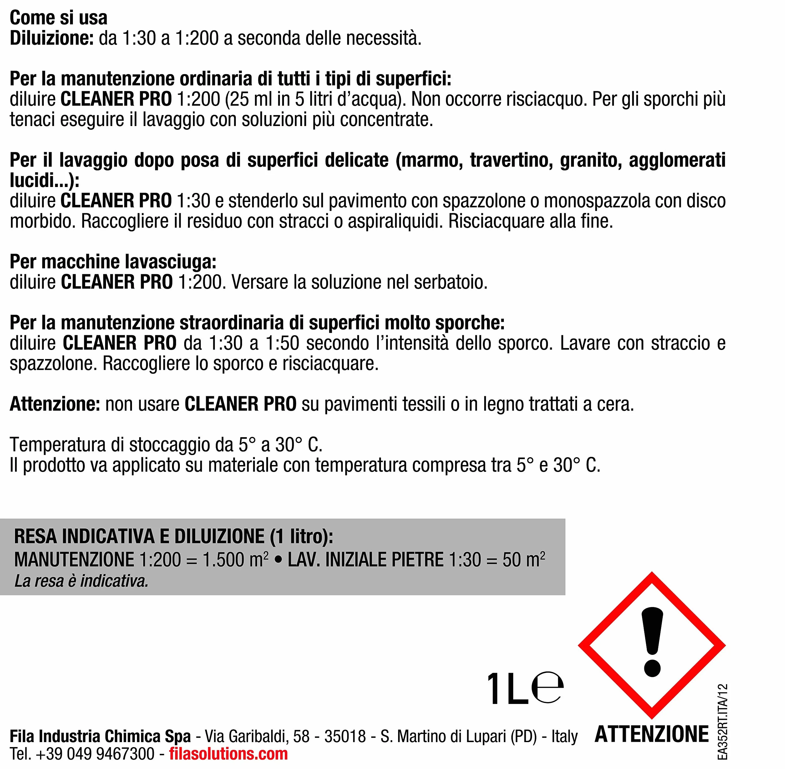 FILA Detergente Universale per Pavimenti, 1 litro