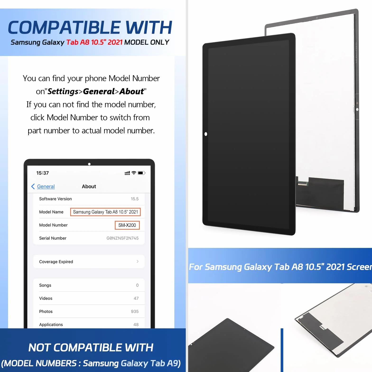 Per Samsung Galaxy Tab A8 10.5" 2021 SM-X200 Schermo LCD per Samsung Galaxy Tab A8 10.5" 2021 Display Assemblea Sostituzione Schermo di Vetro Digitalizzatore con Strumenti di Riparazione