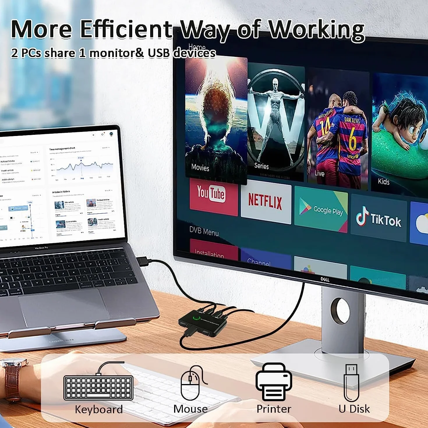 KVM Switch 4K@60Hz 2 porte, Commutatore HDMI USB per 1 monitor 2 PCs, condivisione di mouse, tastiera, Ultra HD, inclusi 2 cavi HDMI e 2 cavi USB