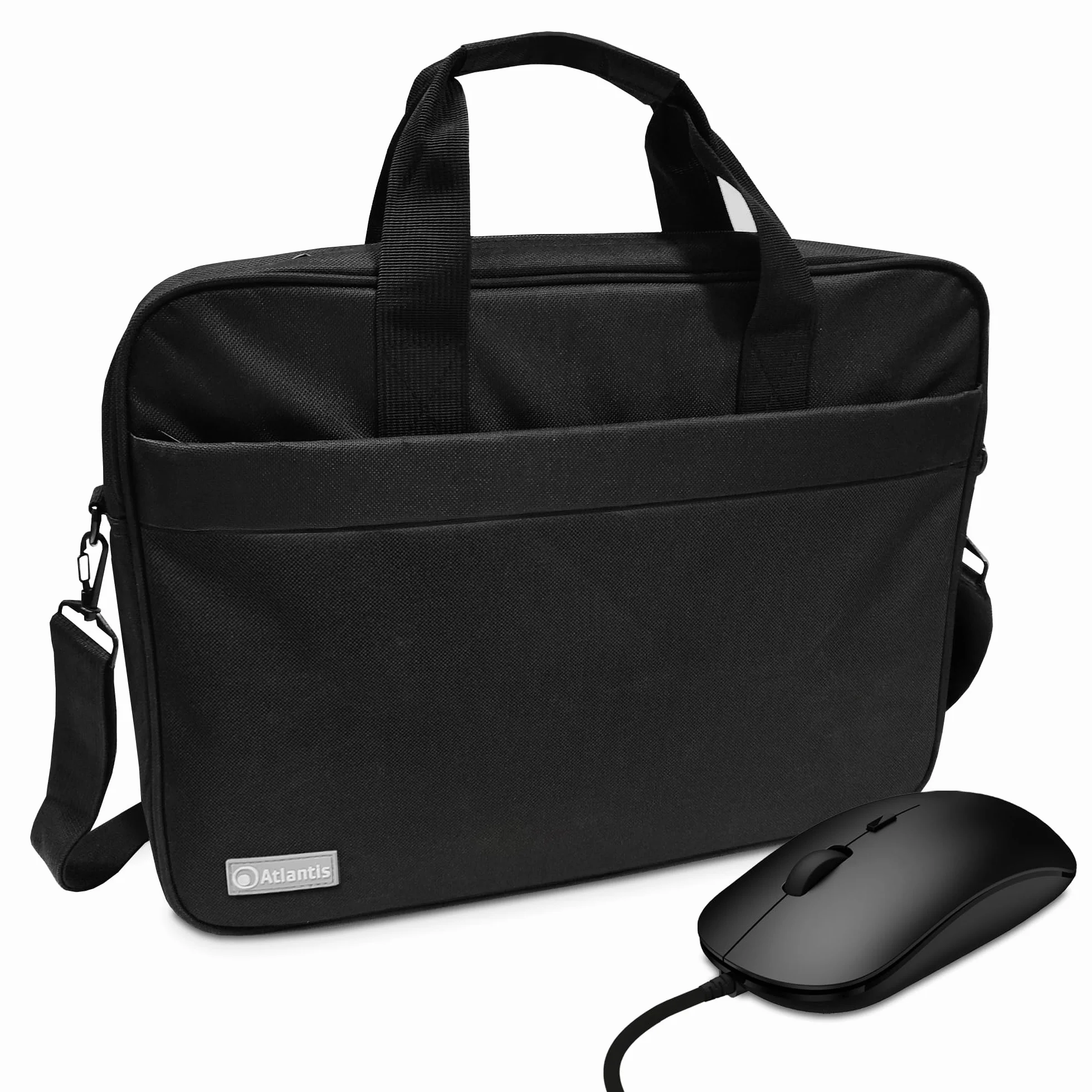 Atlantis Borsa notebook 15.6" pollici + Mouse USB, a tracolla modello Lisbona, imbottitura interna, tasca porta documenti, tasca esterna per accessori, fascia Trolley. Cinghia a tracolla, nero.
