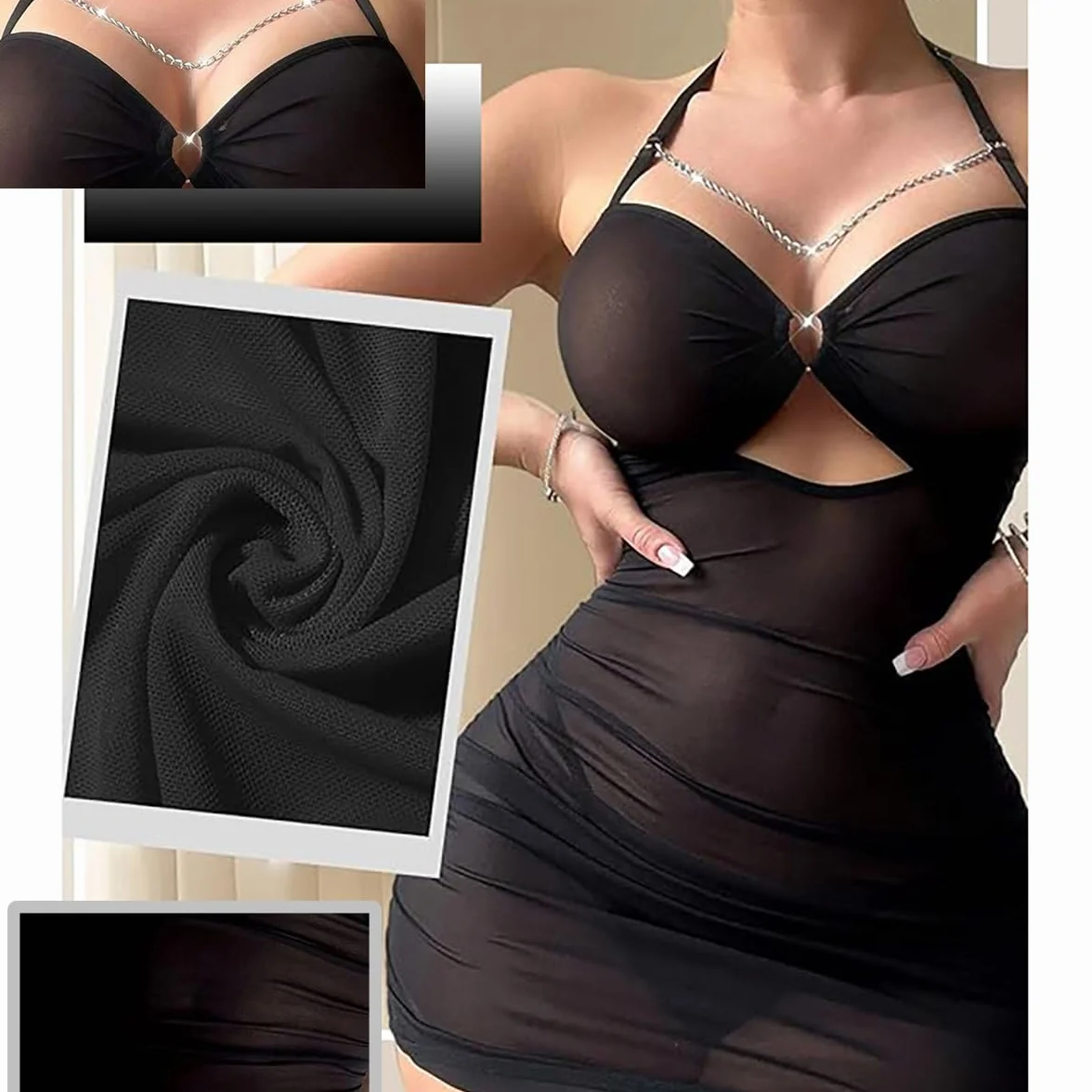 Mini abito in rete trasparente sexy da donna con fascia per il collo e cuore traforato