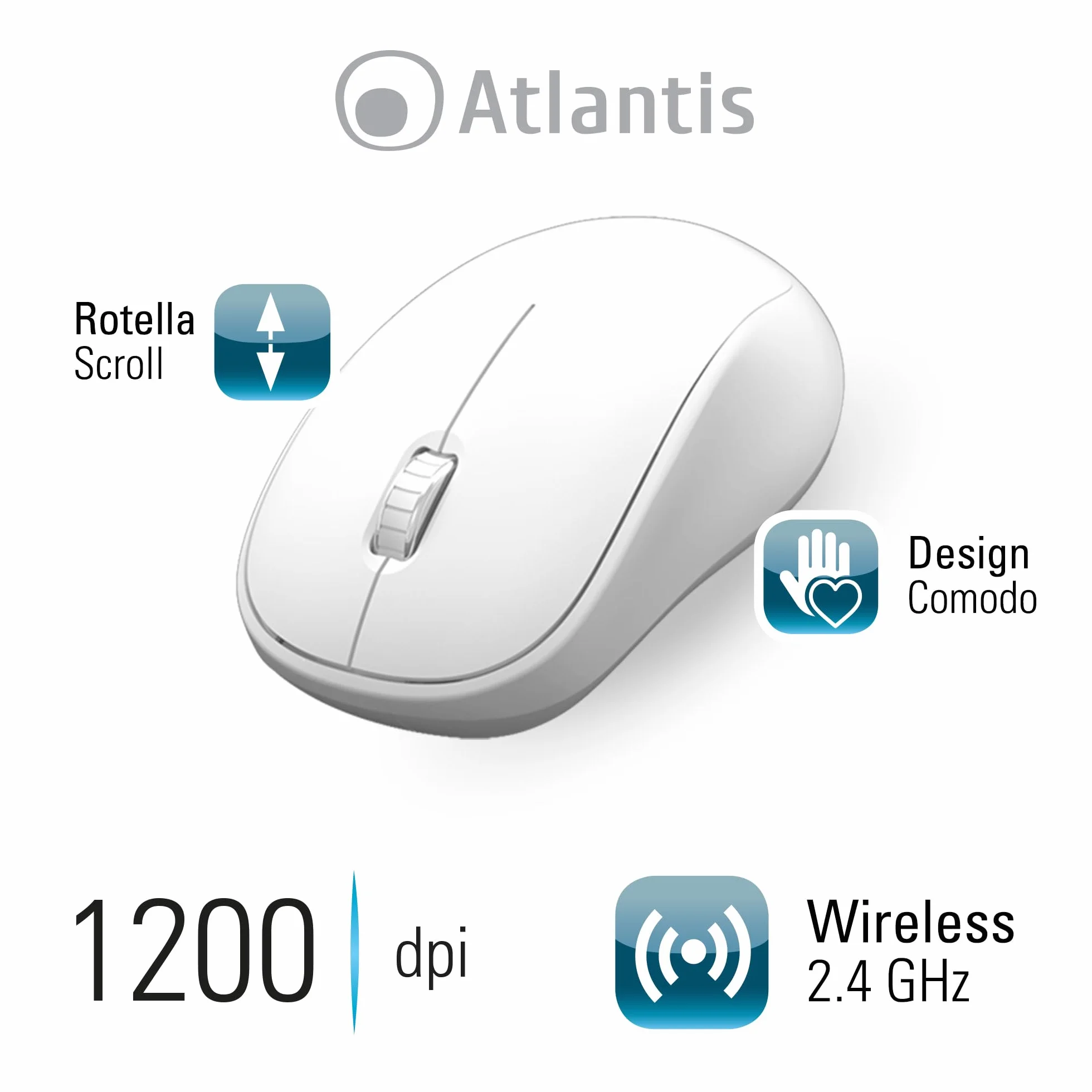 Atlantis Combo Kit Tastiera e Mouse Wireless senza fili, Multimediale, Layout Italiano QWERTY, 9 Tasti di scelta rapida, per PC/Laptop/Notebook, ricevitore USB unico, cod. P013-AX280G+M, Bianco.