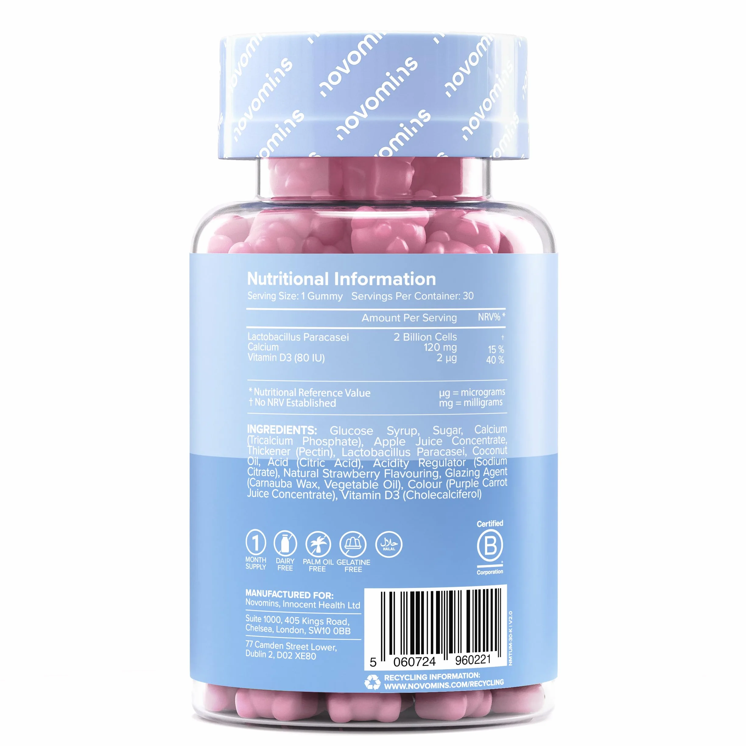 Probiotici Bambini Gommose Fermenti Lattici con Vitamina D3 & Calcio Benessere Intestinale Difese 30 Gommose Novomins