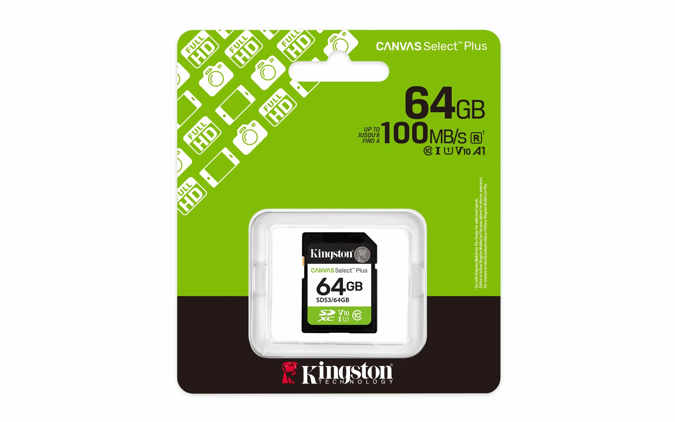 Kingston Canvas Select Plus Scheda di memoria SD 64GB SDXC Gen3 100MB/s C10 UHS-I U1 V10 - SDS3/64GB