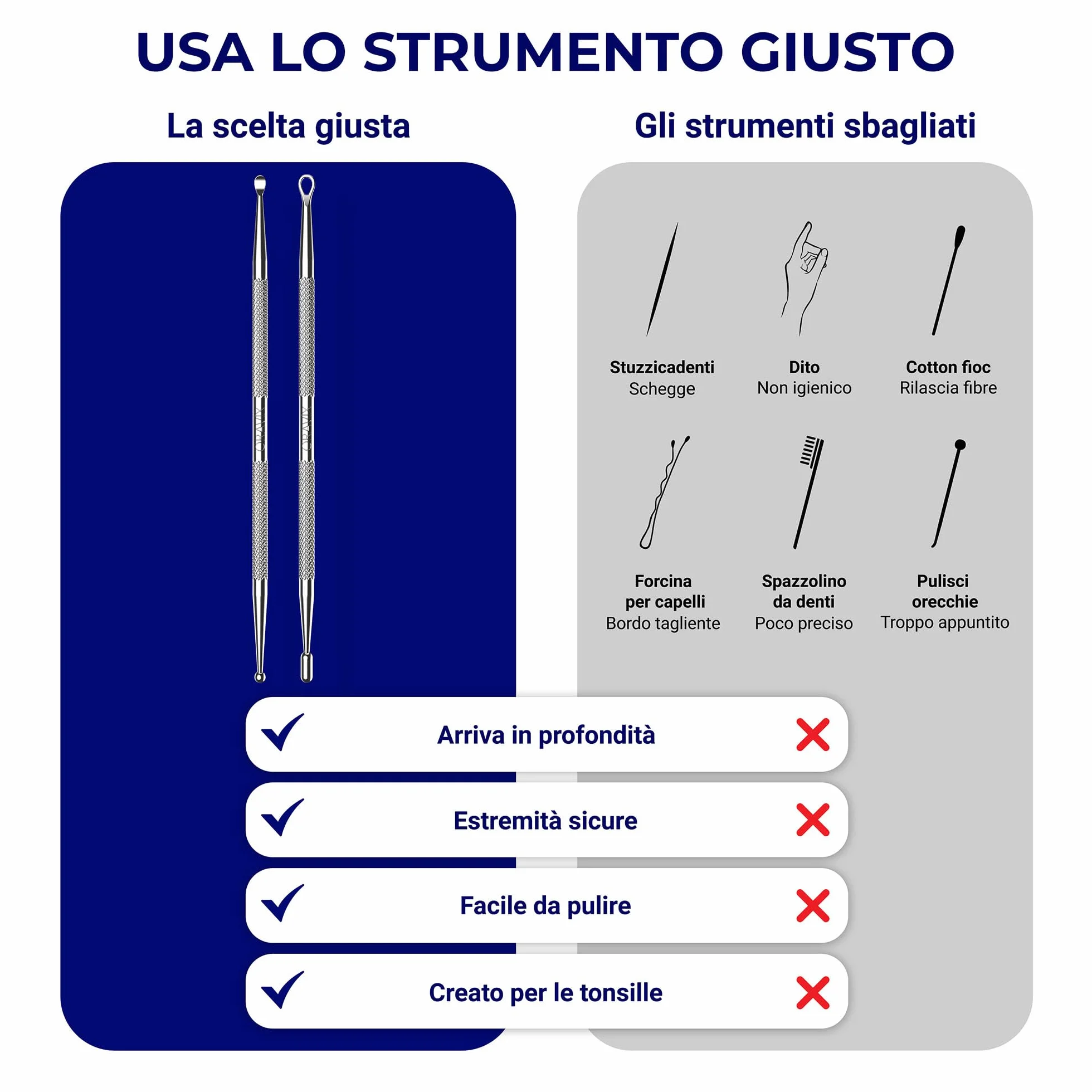ORAVIX Escavatore Rimozione Calcoli Tonsillari Set 2 Unità 18 cm Strumento Metallo con 10 Punte Silicone