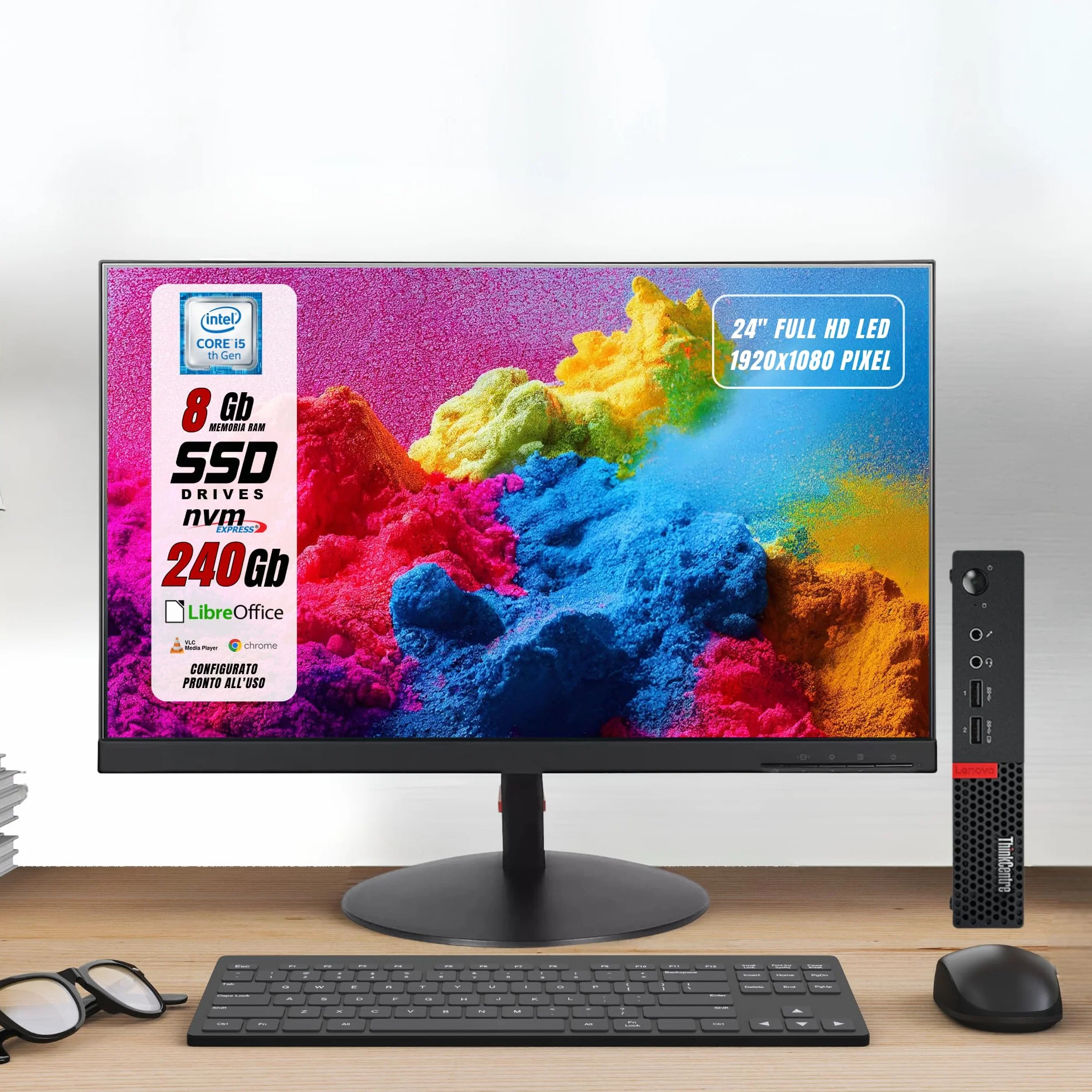 Lenovo Thinkcentre i5-6400 8GB RAM 256GB SSD NVMe 24" Monitor Mouse Tastiera Ricondizionato