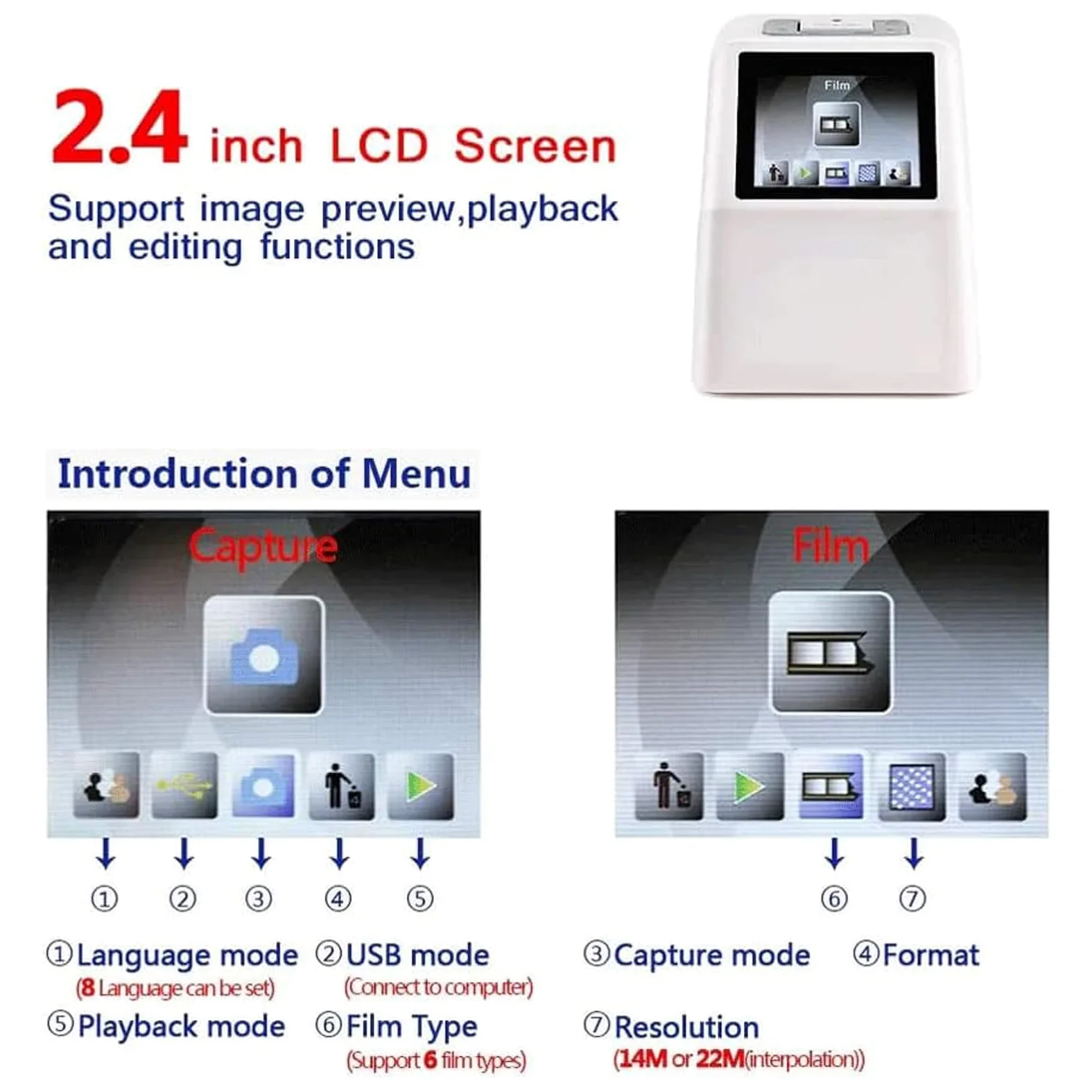Scanner de films et de diapositives, stockage sur carte SD 32 Go, écran LCD de 2,36 pouces, convertisseur de film diapositive 35 mm/135 mm, prend en charge l'édition et la lecture