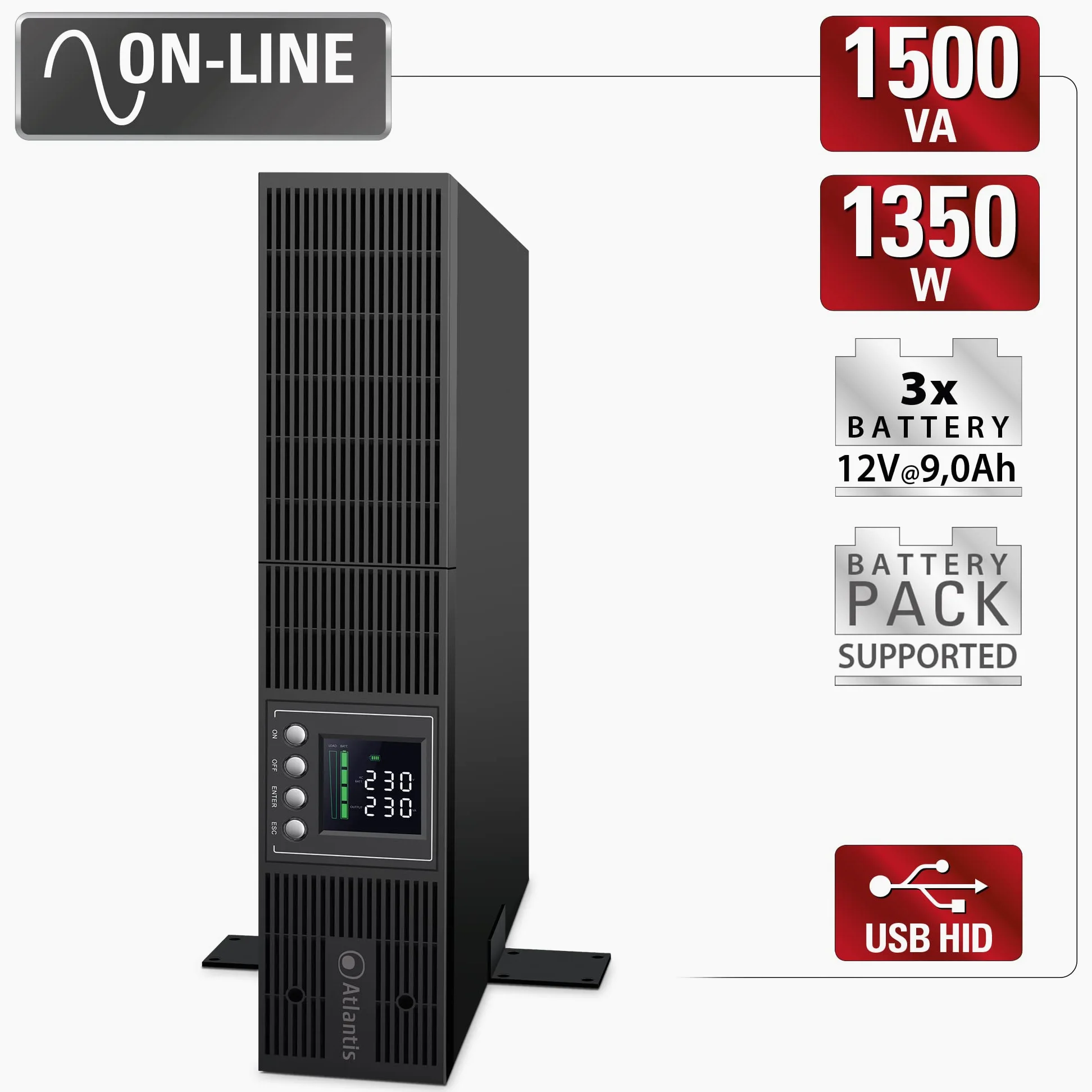 Atlantis Gruppo di Continuità UPS Online Rack 1500VA/1350W doppia conversio | onda sinusoidale pura, server, LCD, USB, RS232, 8 IEC, slot SNMP, 3 batterie 12V 9Ah, cod. A03-OP1502P-RC