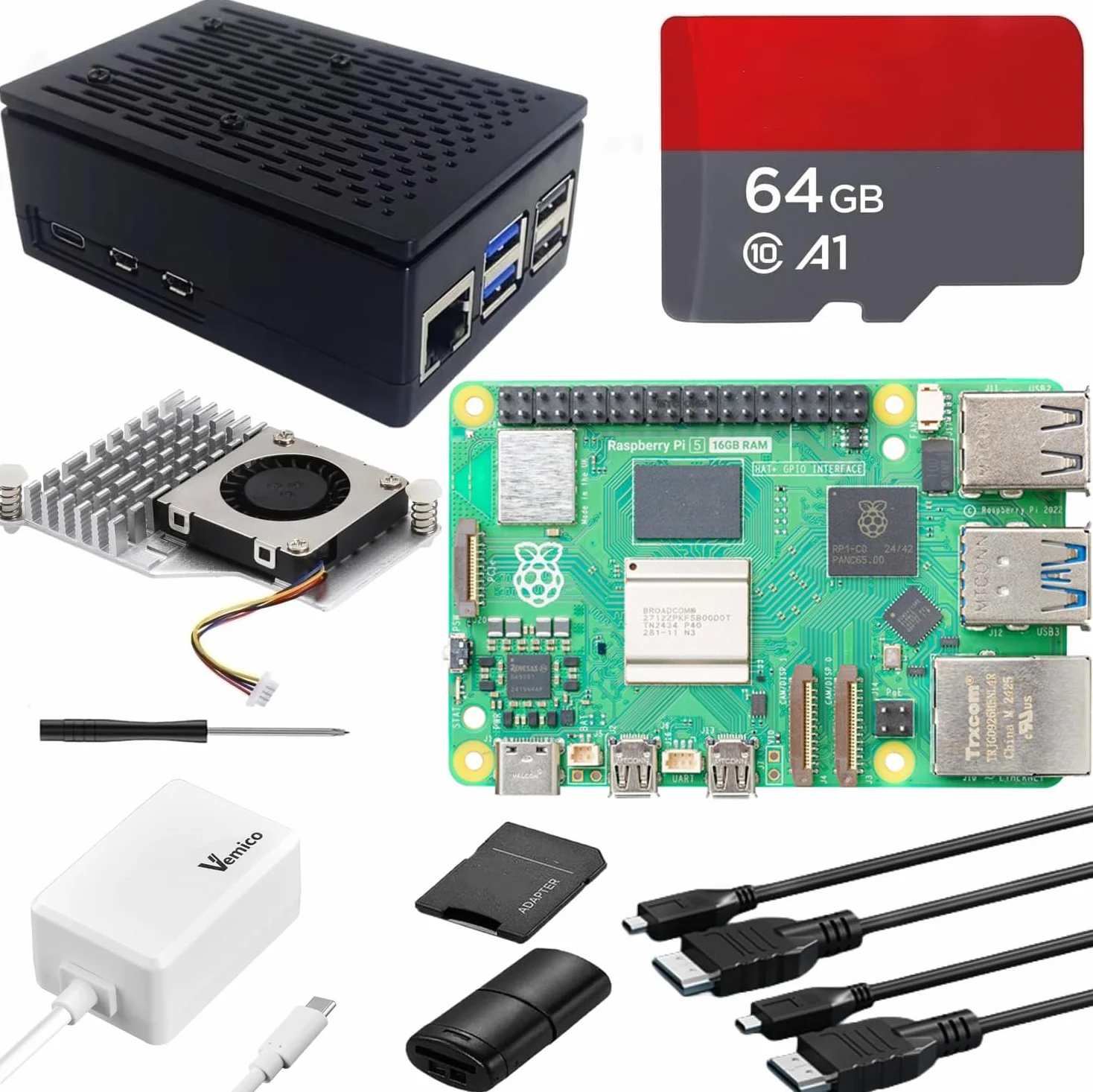 Vemico Raspberry Pi 5 16 GB Starter Kit con scheda 64GB, alloggiamento raffreddamento attivo, alimentatore 5,1V 5A, cavo 4K HD, lettore di schede