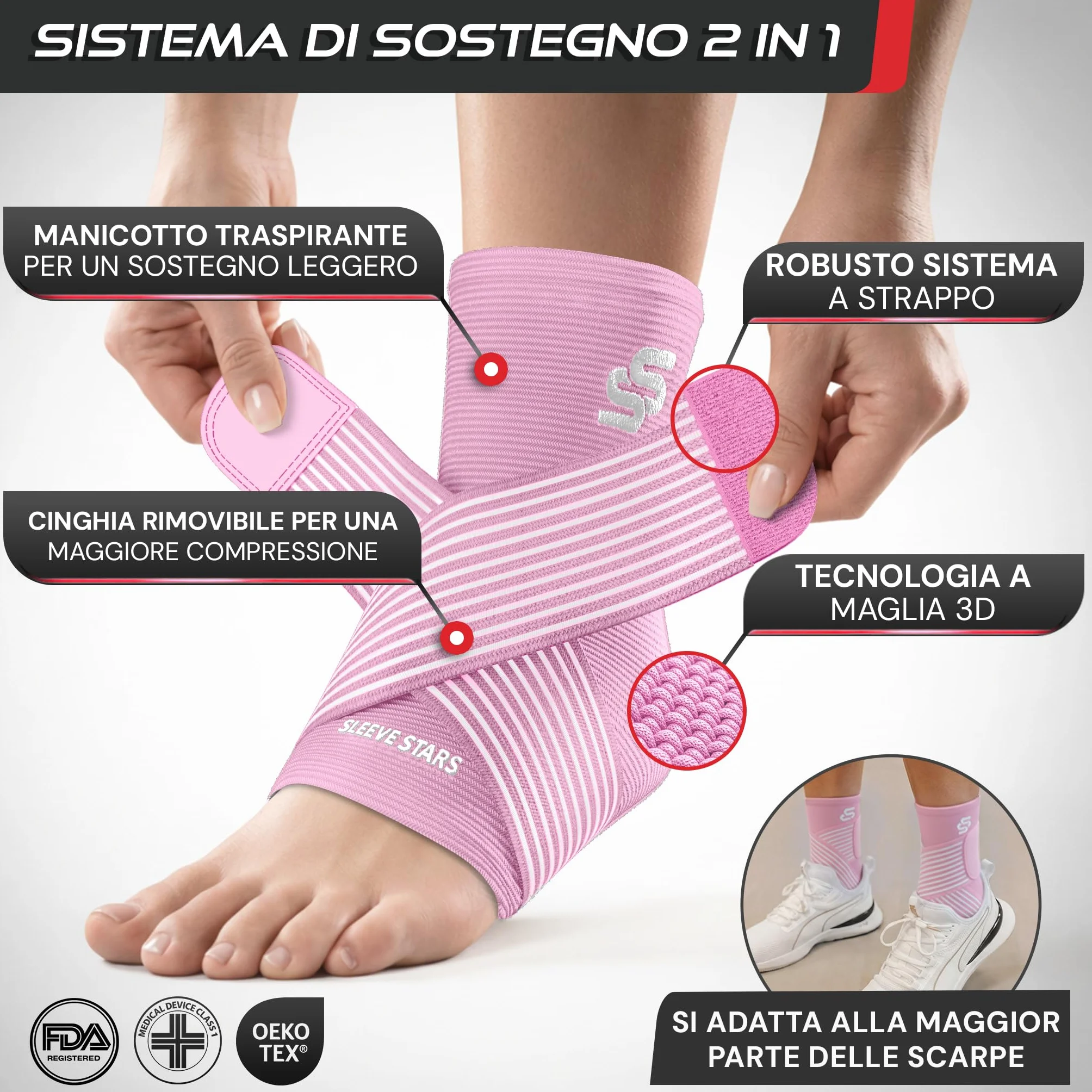 Cavigliera Ortopedica per Distorsione Sportiva Fascia Elastica Caviglia con Cinturino Baby Pink S