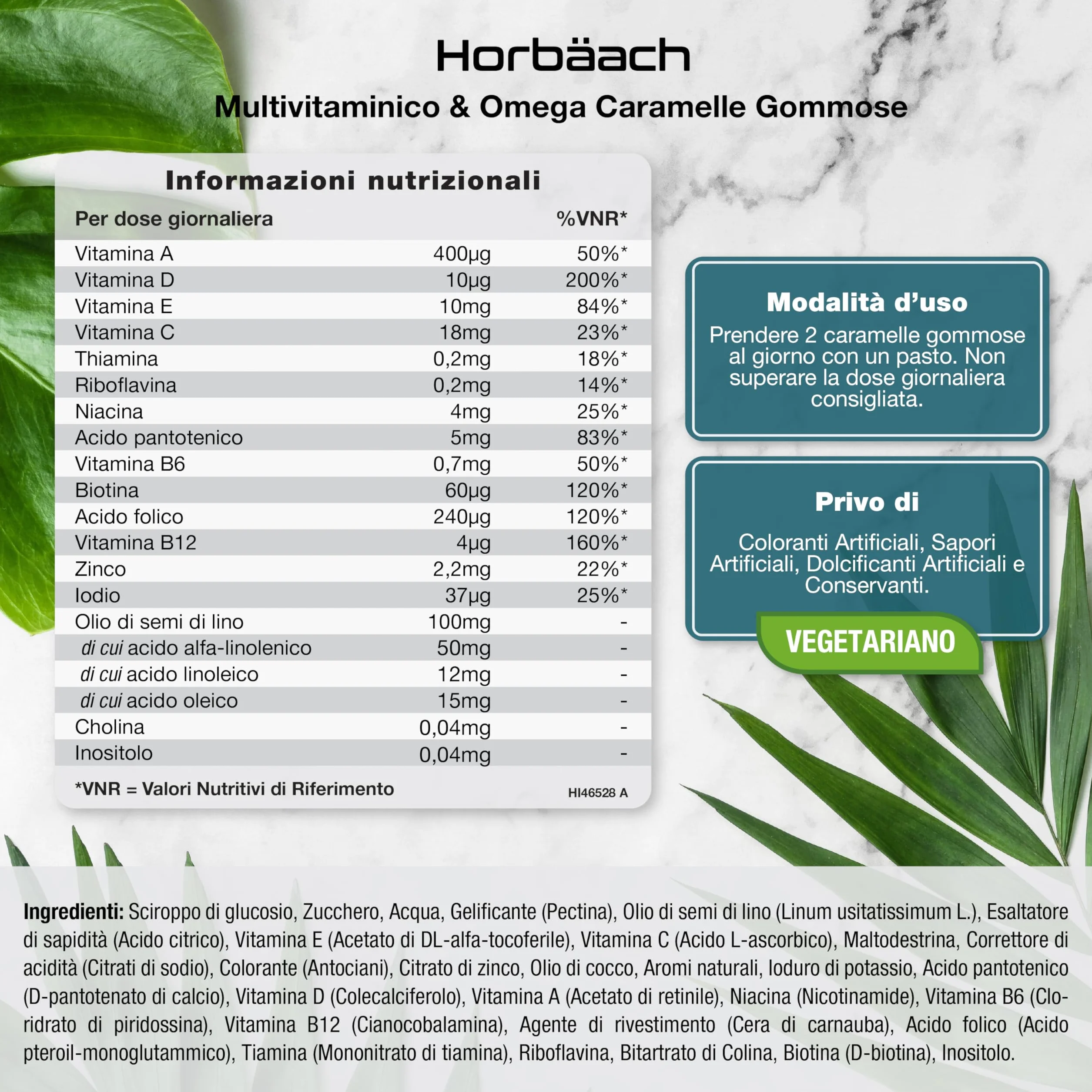 Horbaach Multivitaminico Gommose Omega 3 6 9 60 Caramelle con Vitamina C A B D Biotina Zinco
