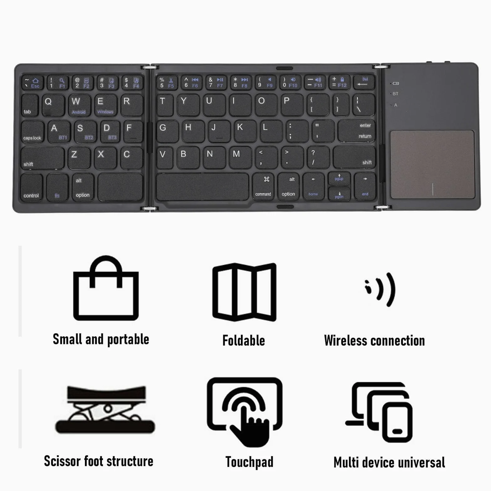 Jectse Tastiera Pieghevole, Tastiera Wireless Portatile Bluetooth 5.1 a 3 con Ampio Pannello Multitouch per Smartphone Tablet Laptop (GREY)