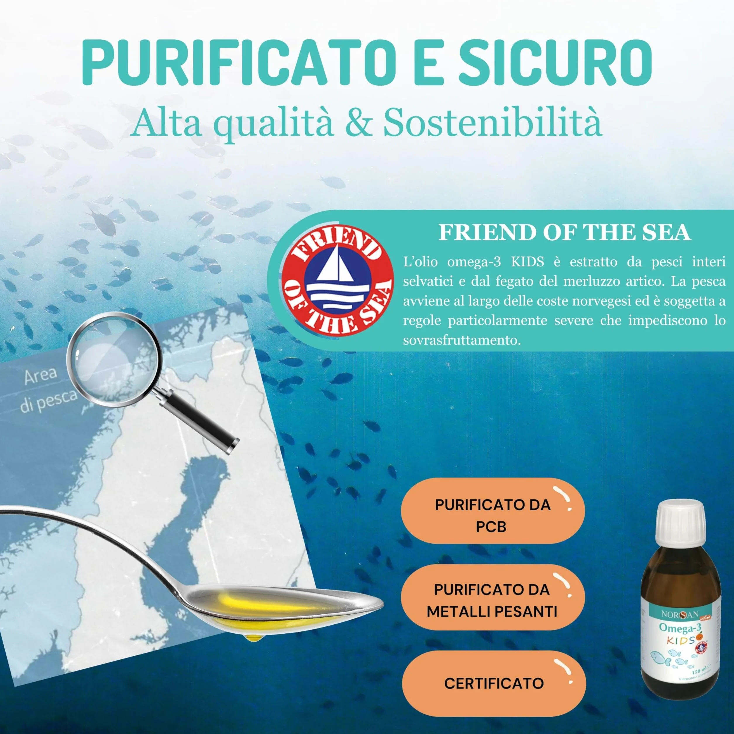 NORSAN Omega 3 FISK 150 ml – integratore bambini olio di pesce fegato merluzzo EPA DHA 1.120 mg