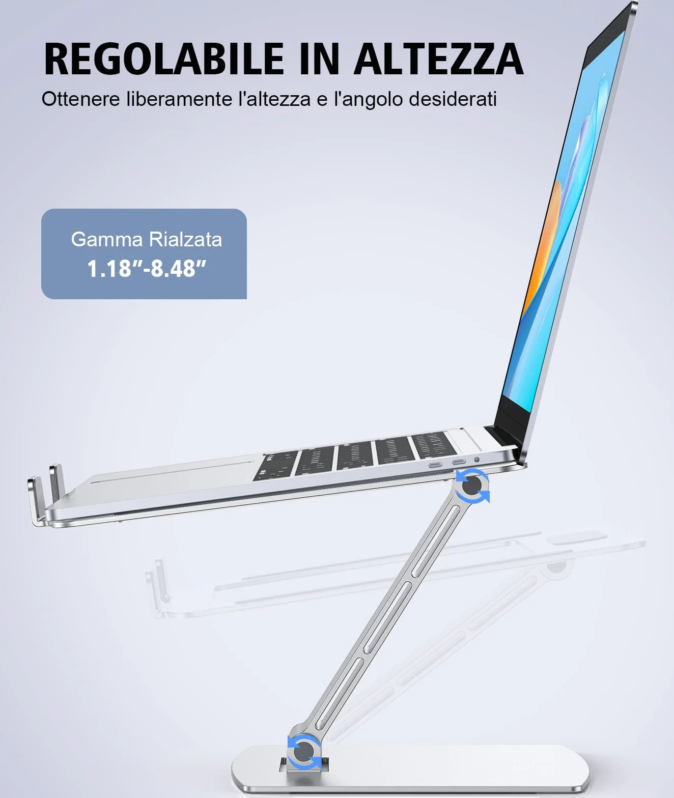 Glangeh Supporto PC Portatile, Porta PC Pieghevole, Ergonomico Laptop Stand con 8 Livelli Regolabile Altezza, Alluminio Ventilato Porta Computer Compatibile con MacBook Air Pro, 10-16''