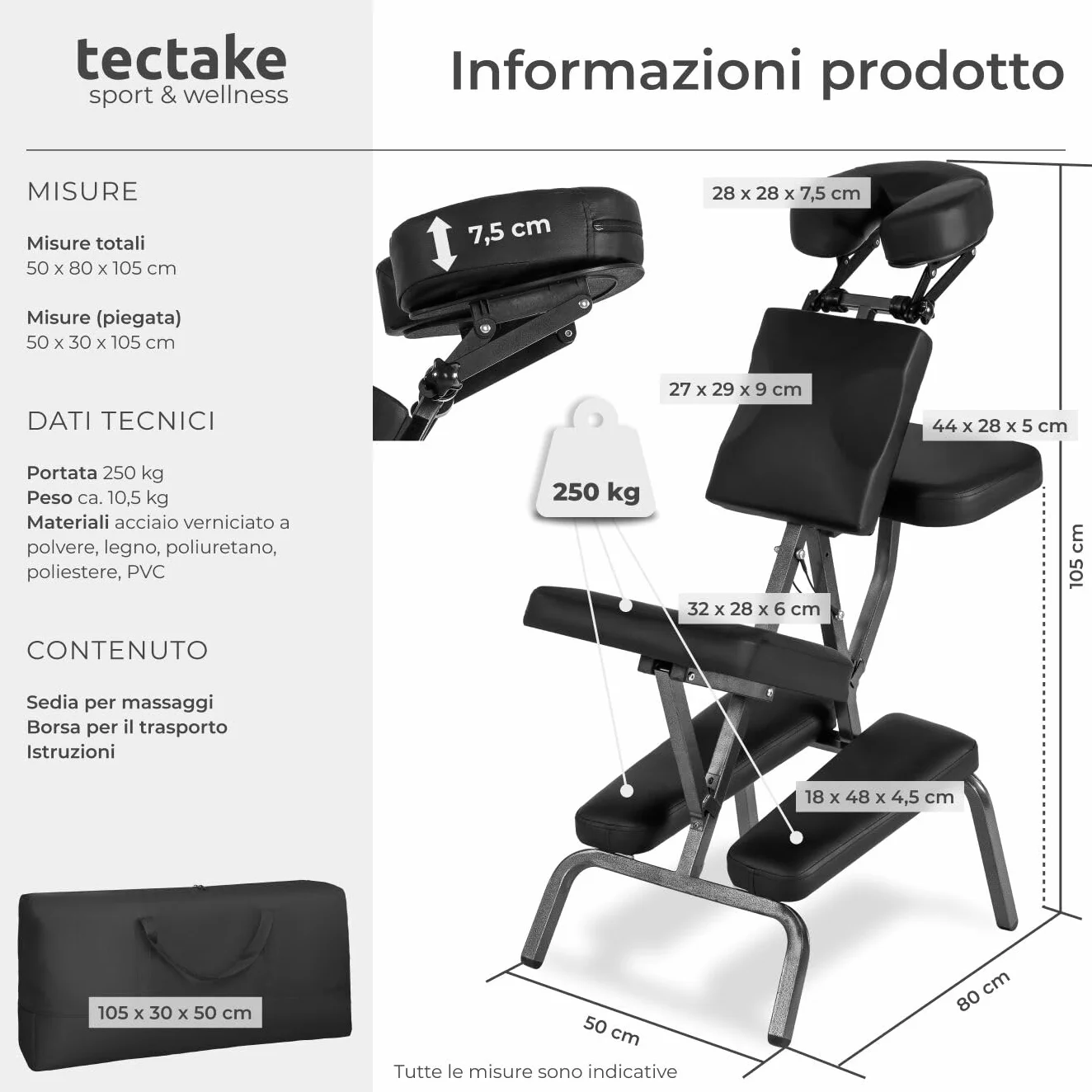 tectake Sedia da Massaggi Portatile, Poltrona Fisioterapia 80x50x105 cm - Nero