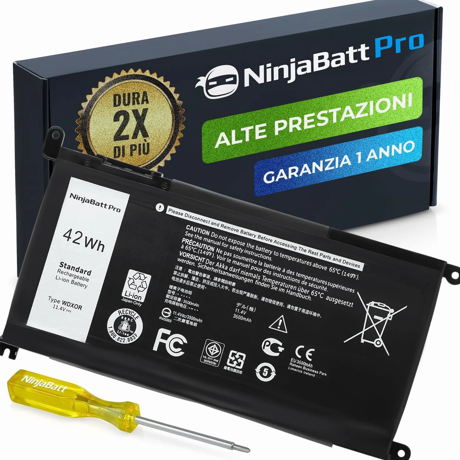 NinjaBatt Batteria per Dell WDX0R P69G Inspiron 13 15 5000 7000 5570 5567 7579 5578 5568 7569 5579 5565 7573 13 7378 5378 7368 5379 5368 7375 17 5767 Y3F7Y - [42Wh/11.4v]