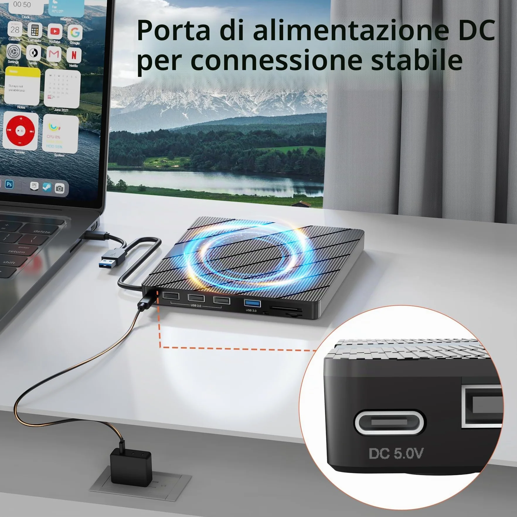 Alxum Unità DVD Esterna per Computer Portatile CD/DVD con Lettore di Schede SD&TF e porte USB 2.0 USB 3.0, Disco CD Esterno USB e USB C per Laptop, Desktop, MacBook, Windows, Linux, Mac OS, Vista