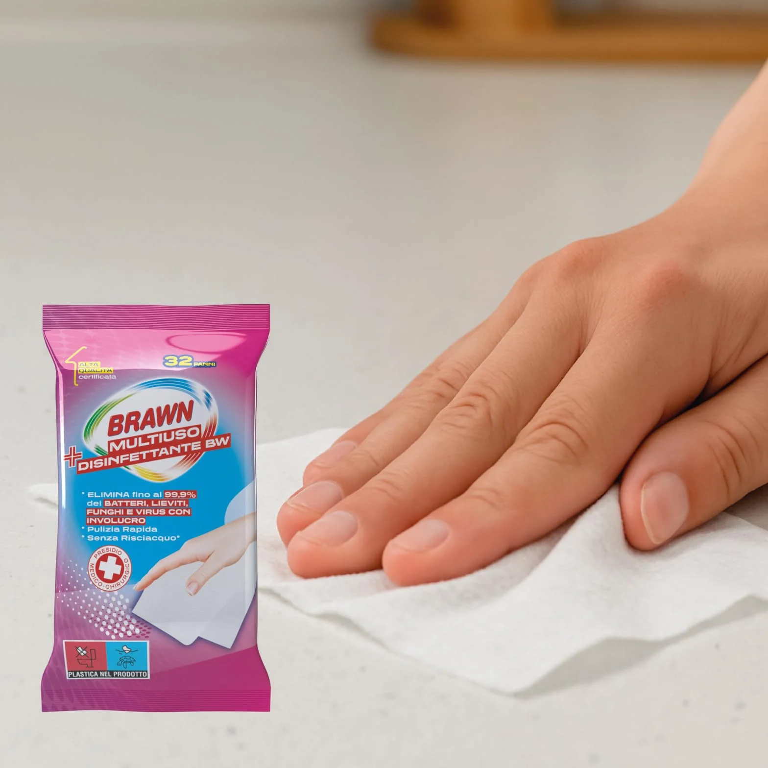 Brawn Salviette Disinfettanti Multiuso 32 pz, Elimina 99,9% Batteri Funghi Virus, Presidio Medico Chirurgico