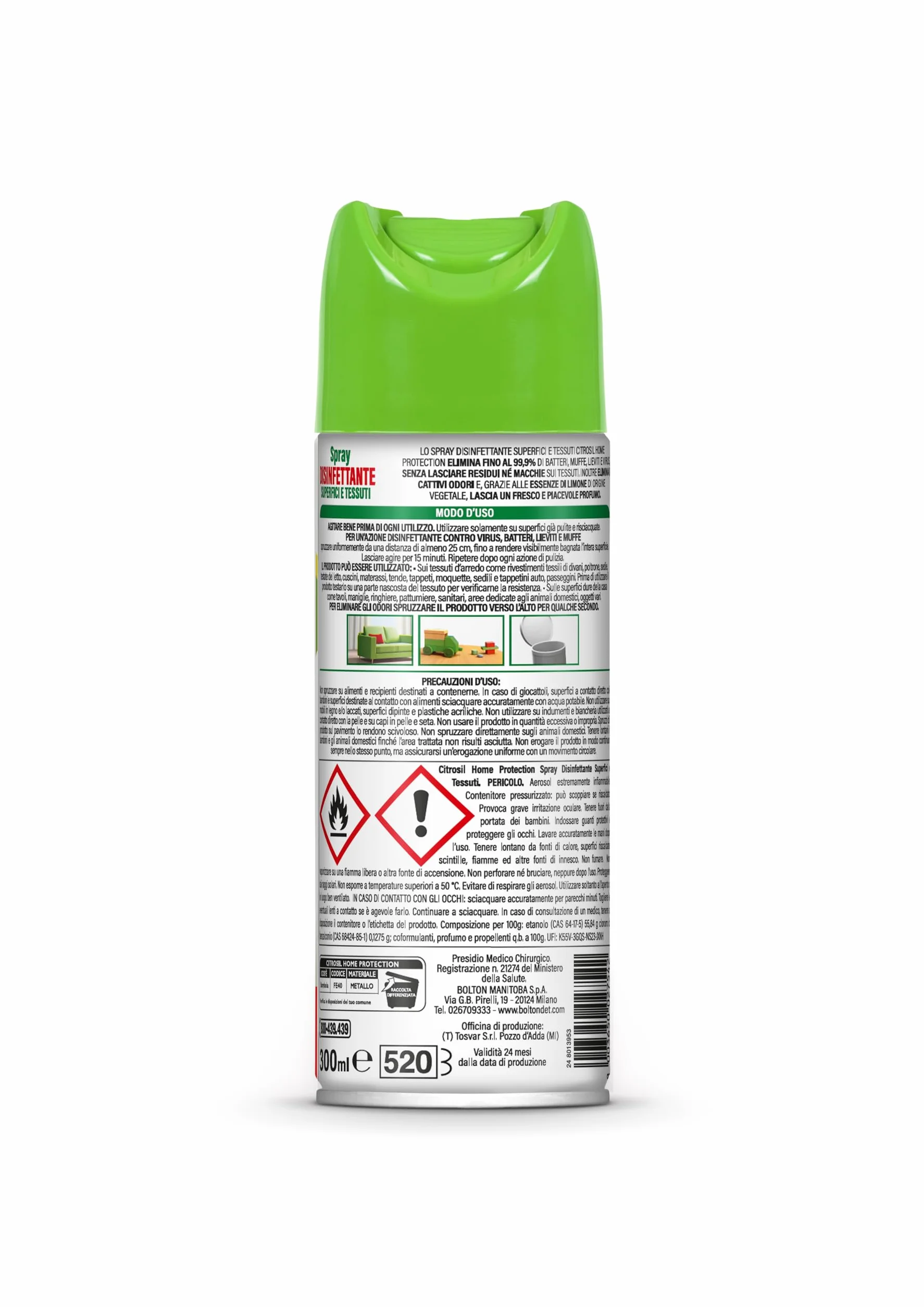 Citrosil Disinfettante Spray 300 ml, Superfici e Tessuti, Elimina 99,9% Virus e Batteri, Limone