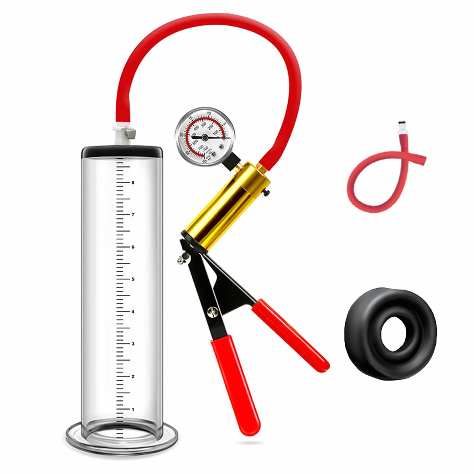 Pompa del pene a vuoto con maniglia e manometro per uomini (Red, 44mm)