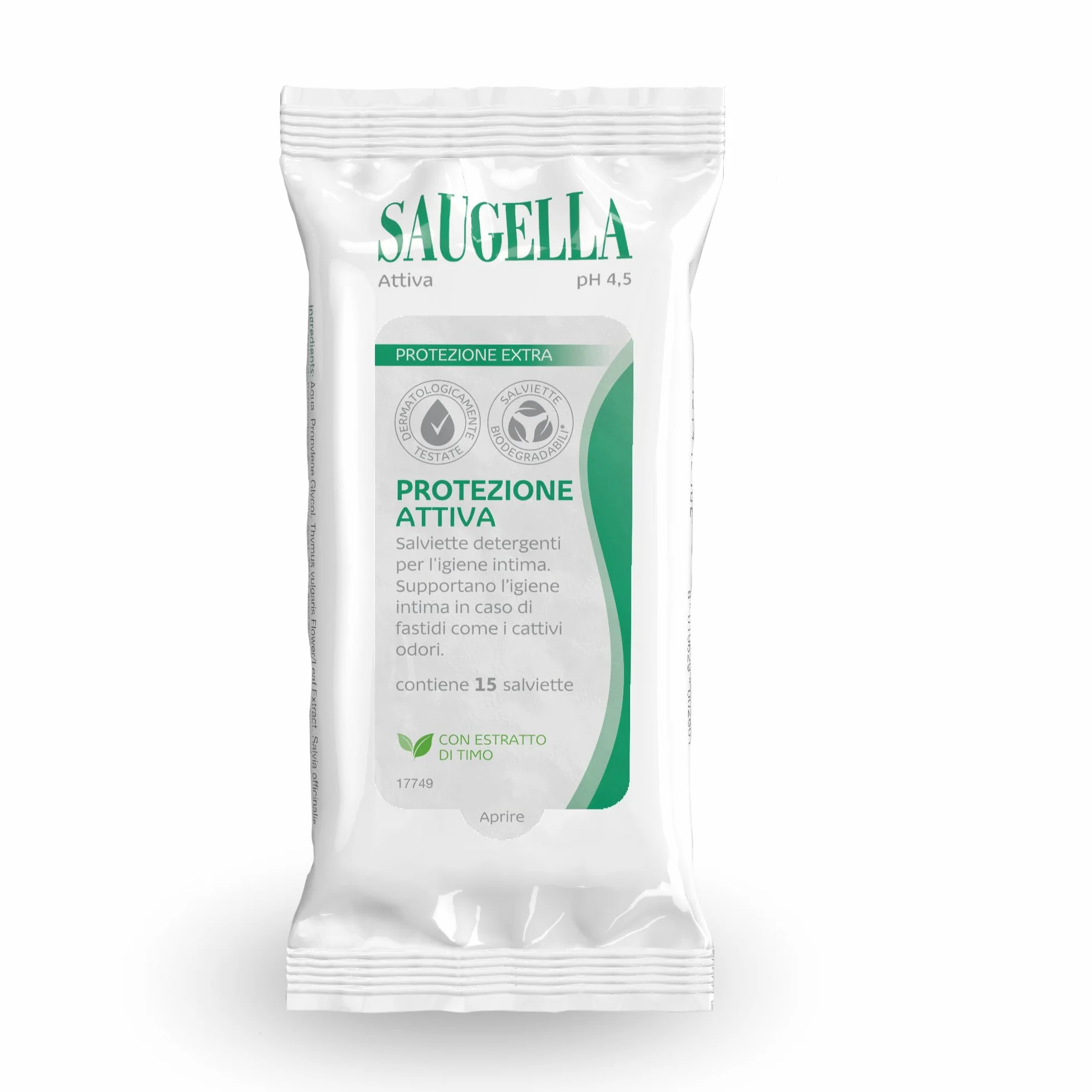 Saugella Attiva Salviettine Intime Antibatteriche pH 3.5 con Timo 15 Salviette Monouso