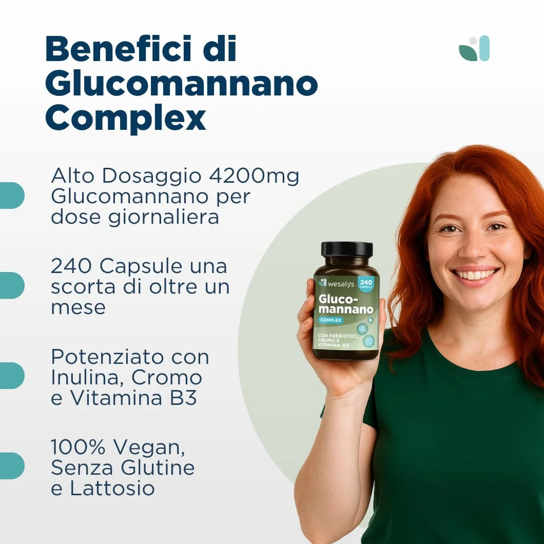Wesalys Glucomannano Forte 4.200 mg 240 Capsule Integratore Ad Alto Dosaggio con Cromo Vitamina B3 Prebiotici