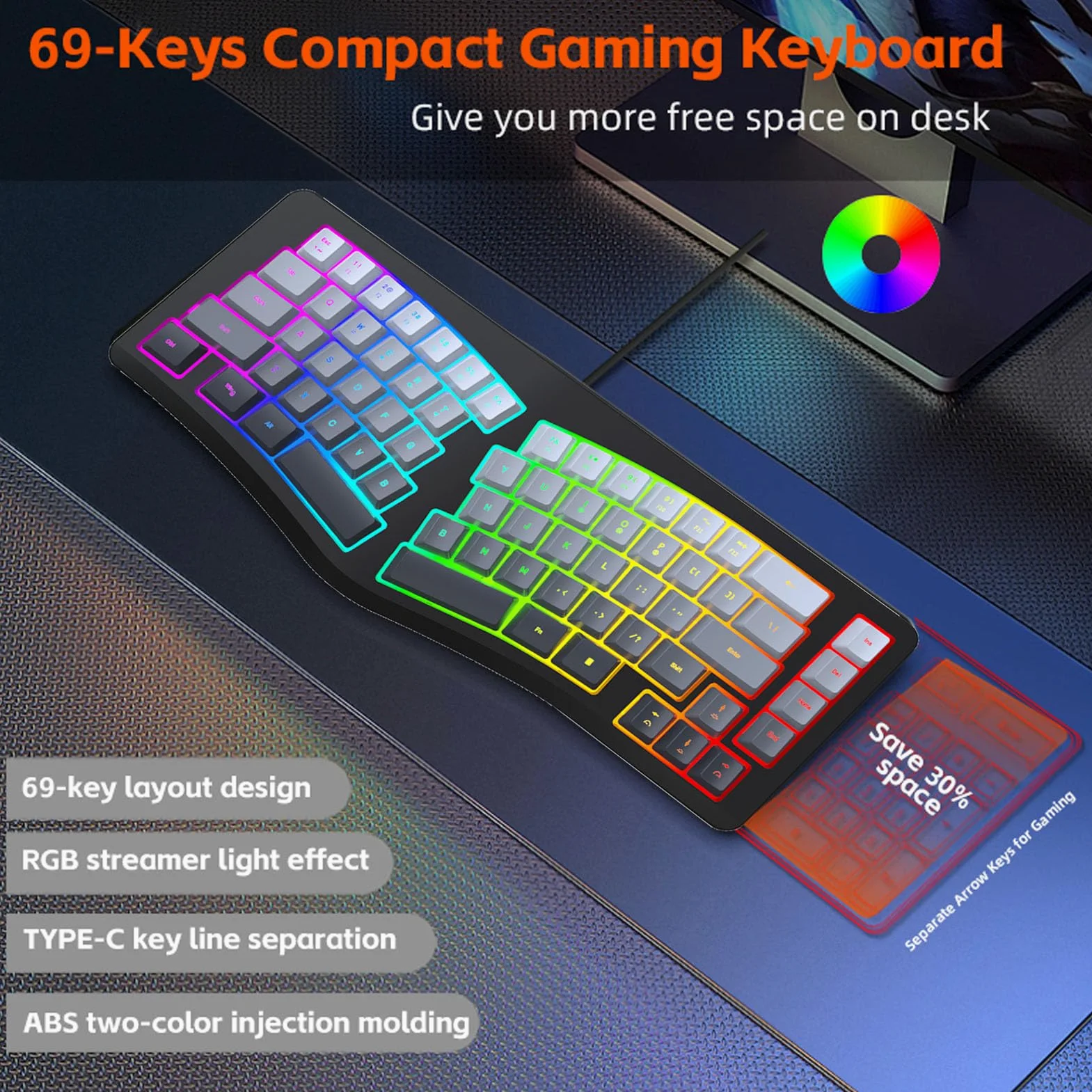 Goshyda Tastiera Ergonomica Cablata, Tastiera Divisa a Forma di V con Retroilluminazione RGB Colorata, per W​ins​​ per OS X per Computer Desktop Laptop Android
