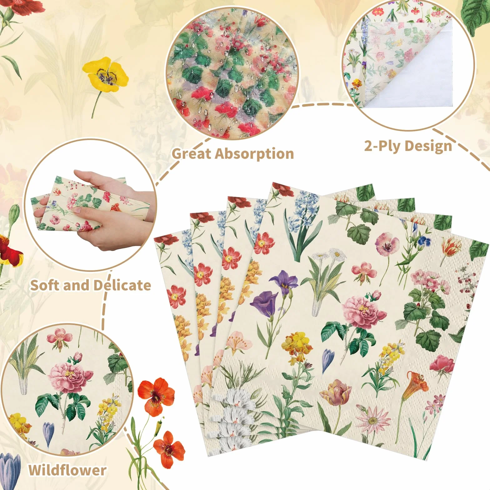 Tovaglioli con fiori di campo 40 pezzi da 6,5 pollici per feste di compleanno e matrimoni
