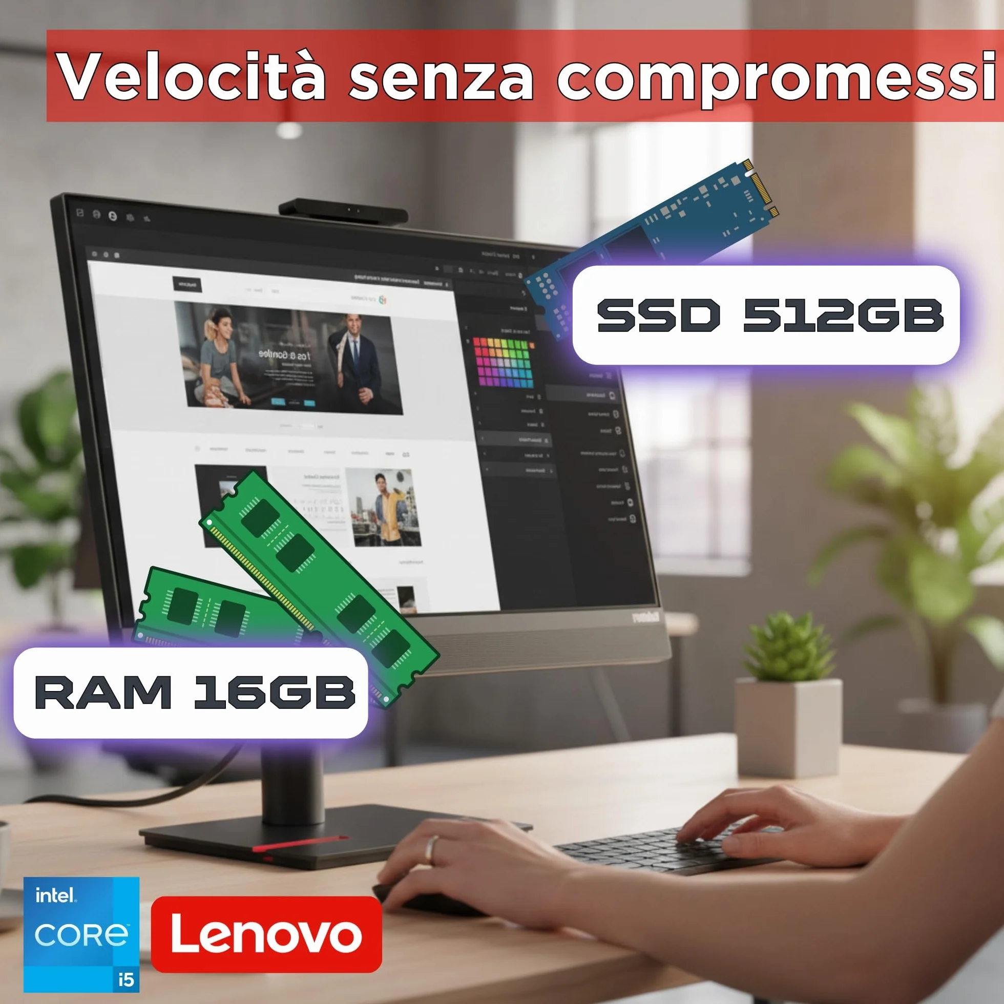 Lenovo All-in-One 24" Touch Screen i5-8500 3.50GHz 16GB RAM 512GB SSD Windows 11 Pro Office PC USB-C Garanzia 36 Mesi