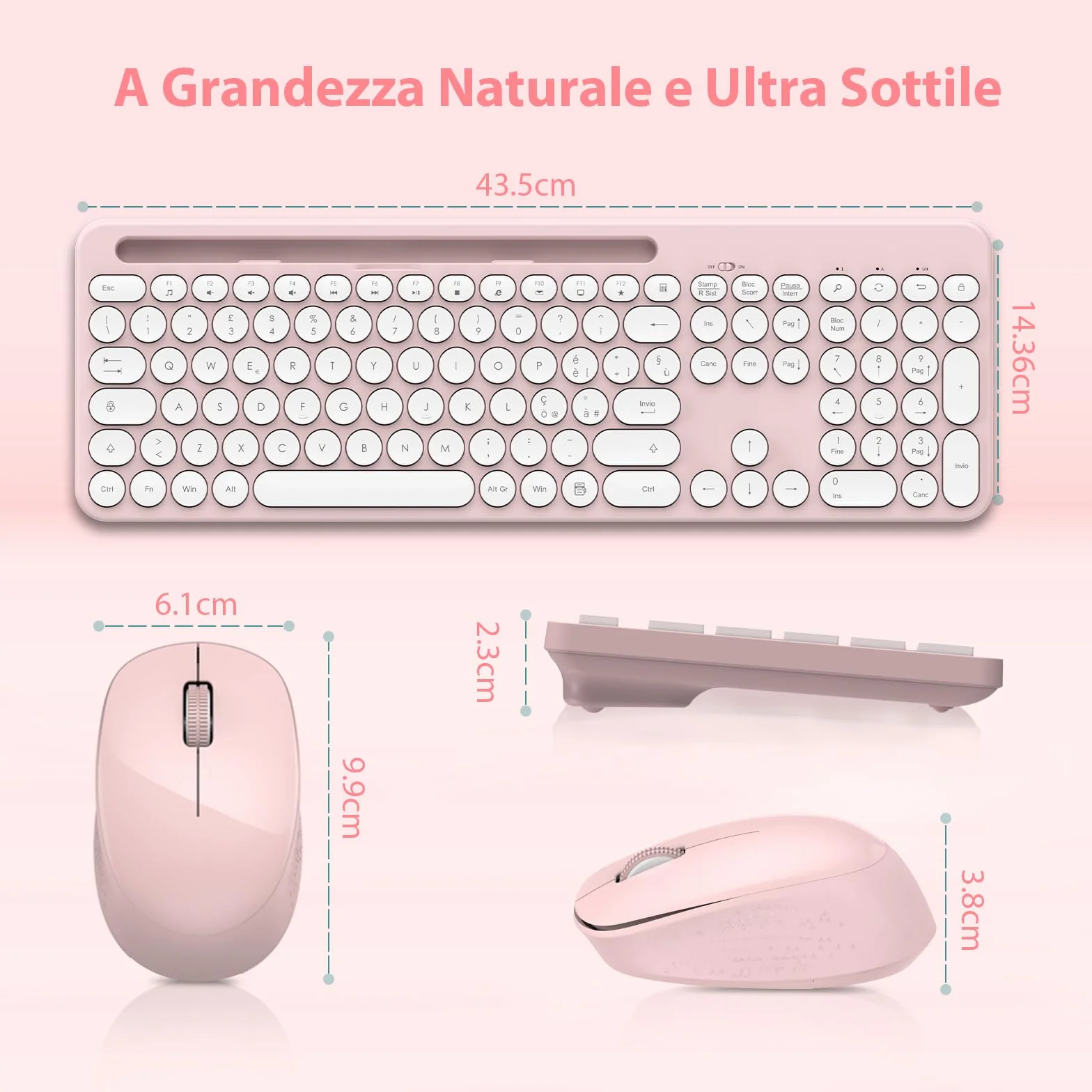 LeadsaiL Set Tastiera e Mouse Wireless, Italiano QWERTY 2.4GHz Full-Size Tastiera e Mouse Senza Fili con Supporto per Telefono e Tablet, Ergonomica, Tastierino Numerico per Computer, PC, Laptop-Rosa