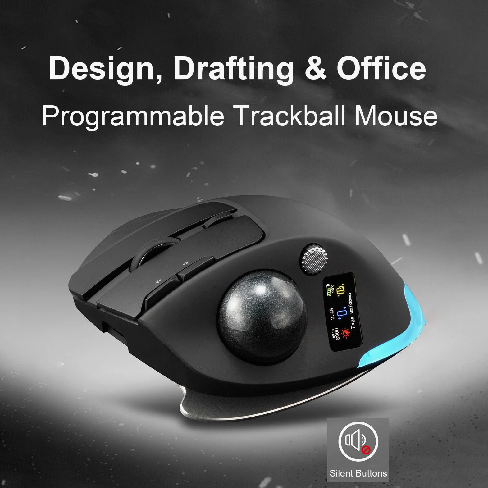 Mouse con Trackball Senza Fili (BLACK) | con Display LCD Silenzioso 8000 DPI 8 Pulsanti Retroilluminazione RGB Batteria da 730 MAh per la Progettazione di Lavori di