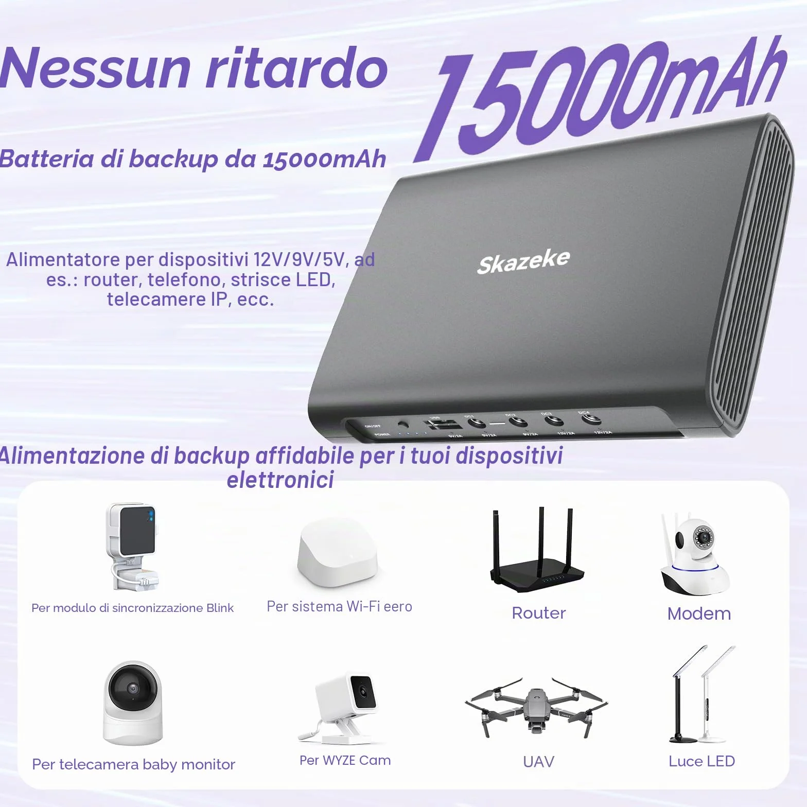 Mini UPS, Skazeke Gruppo di continuità da 15000mAh con uscita DC USB 5V/2A DC 5V/9V/12V/2A, batteria di backup dell'alimentazione per router, modem, videocamera di sicurezza